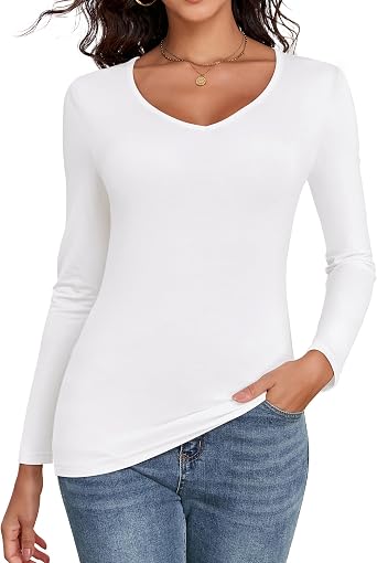 Long Sleeve Shirts for Women V-Neck Lightweight Slim Fit Fall Basic Undershirts Layer T Shirt Outfits 2025