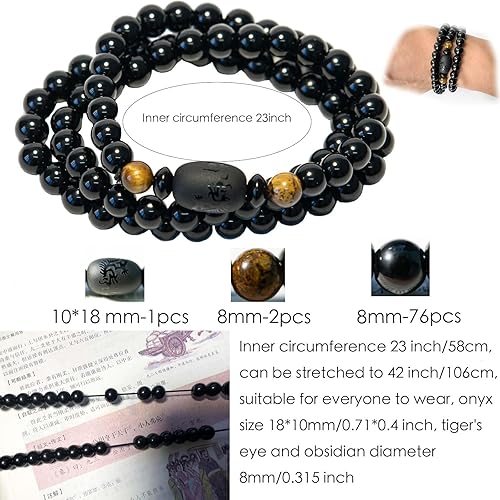 Miniatura 2 de Obsidian Bracelet Natural Black Onyx Tiger Eye Stone with Phoenix Totem Jewelry Bracelet, 8mm Beaded Bracelets Feng Shui Bracelet for Meditation