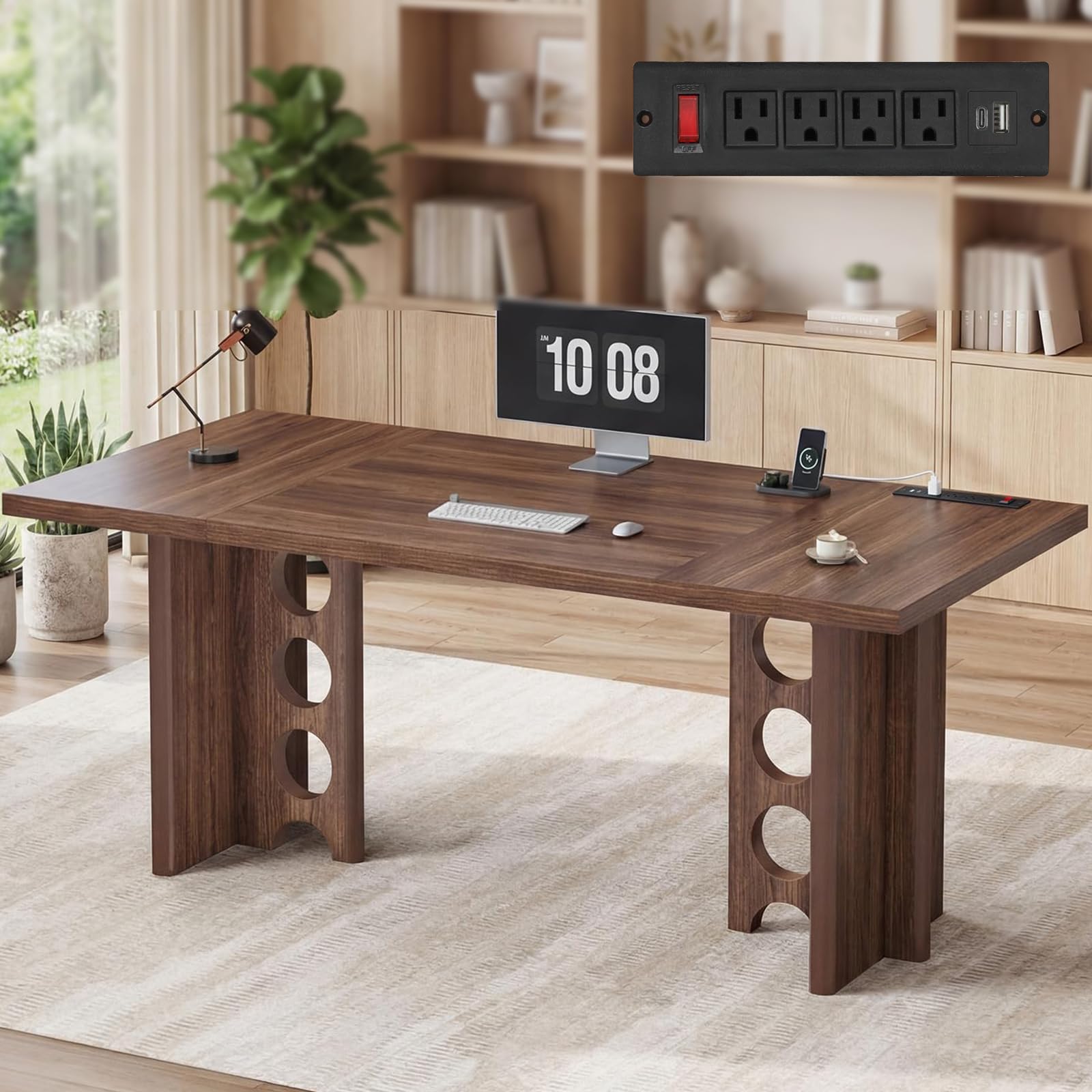 63 Inch Executive Office Desk, Large Computer Office Desks with Power Outlet, Modern Laptop Desk Writing Table Workstation Business Furniture for Home Office, Brown