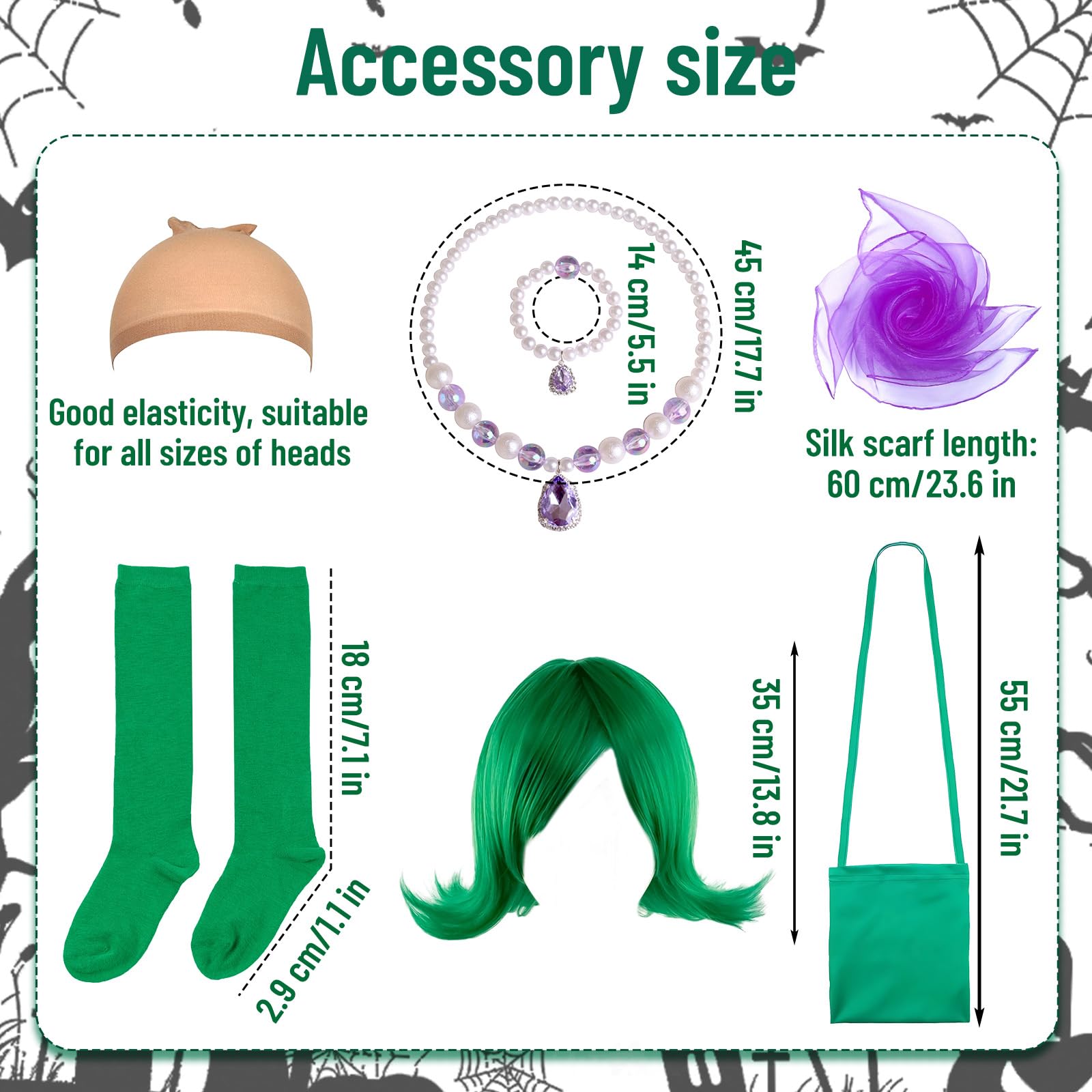 AENEY 9PCS Kids Girls Disgust Inside out Costume, Green Princess Dress with Wig Scarf Necklace Stocking - Image 4