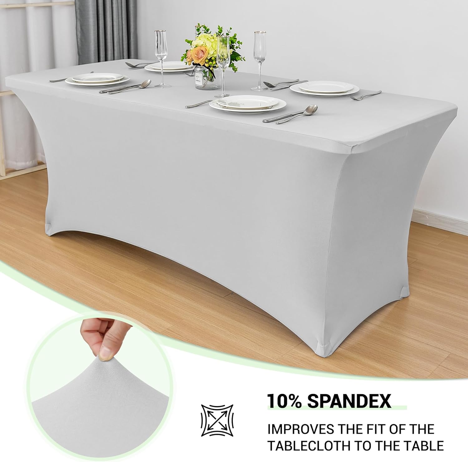 obstal 6 pack stretch spandex table covers for 6 foot tables - 6 ft universal rectangular fitted tablecloth protector for wedding, banquet, party, 72 length x 30 width x 30 height inches, silver silver 6ft | 6 pack