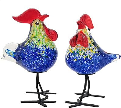Glass Rooster FigurineHand Blown Murano Style Glass Animal Decor, Chicken Lovers Gifts for Kitchen, Farmhouse, and Home Decorations,Blue