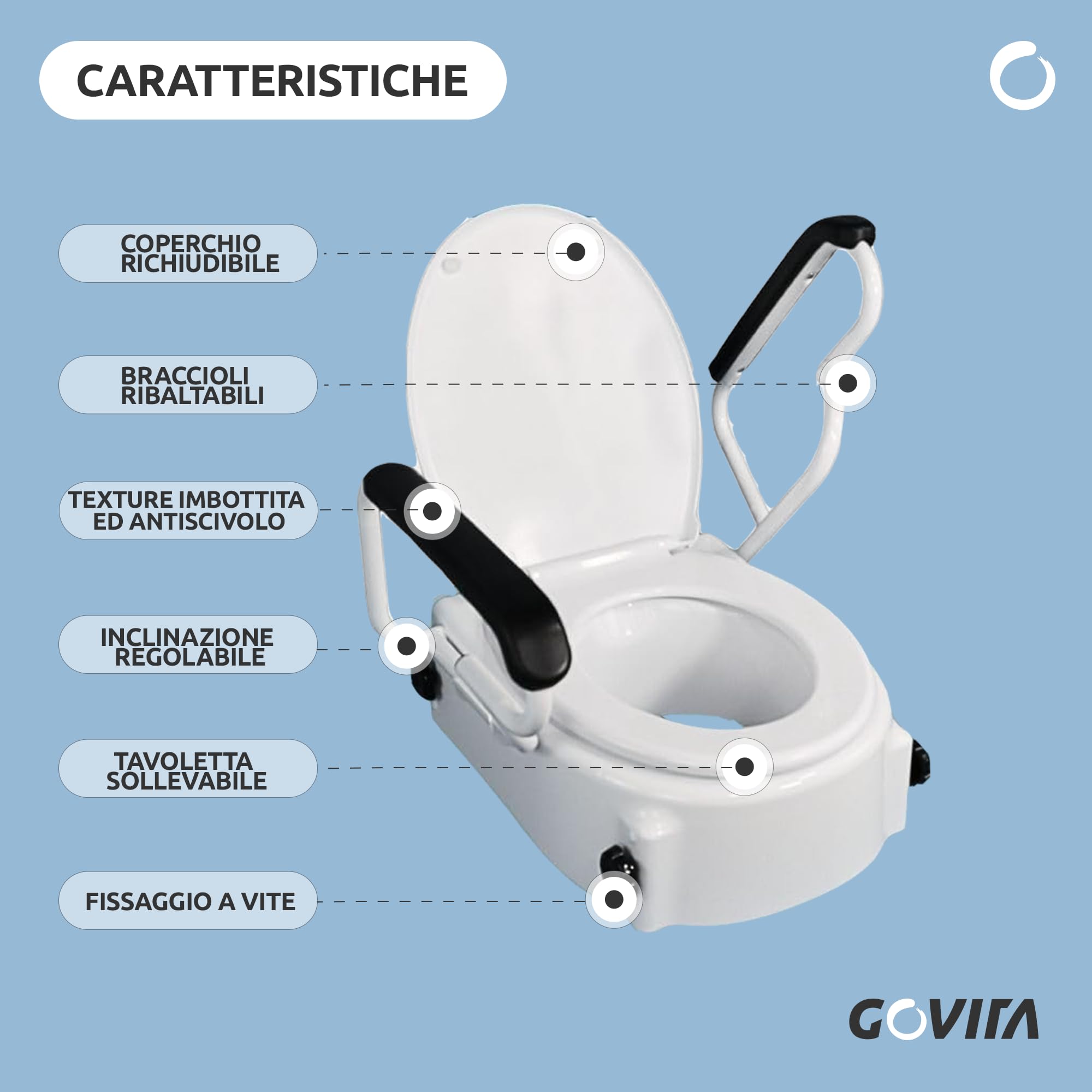 GOVITA - Rialzo WC con braccioli e Coperchio, Universale, per Anziani e Disabili, Sollevatore WC per Bagno, Sedile Ergonomico, Facile da Pulire (ALTEZZA REGOLABILE)