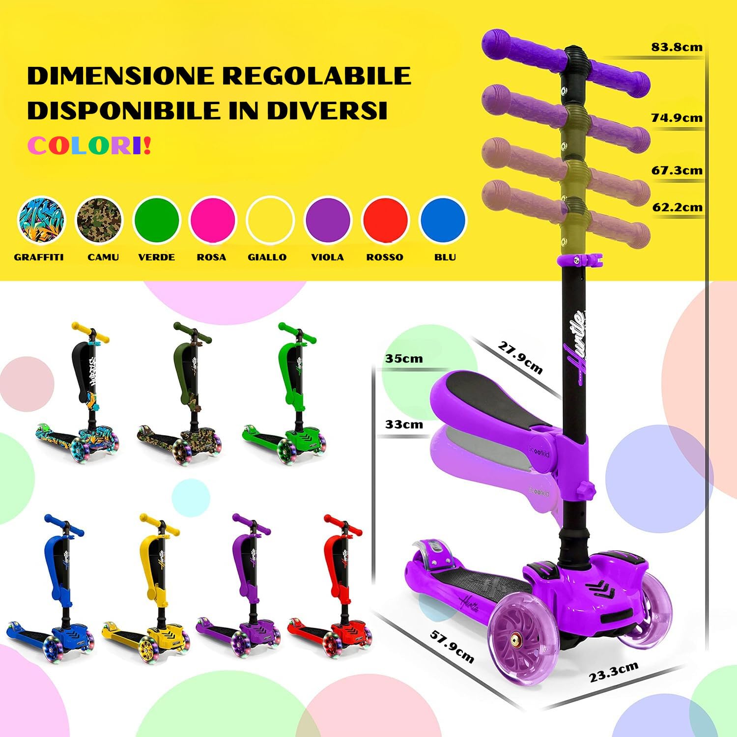 Hurtle Monopattino Bambino, Monopattino Bambina, Monopattino a 3 Ruote, Regolabile in Altezza con Sedile Pieghevole, Scooter per Bambini e Bambine con Ruote LED Multicolore, Dai 1 ai 14 Anni