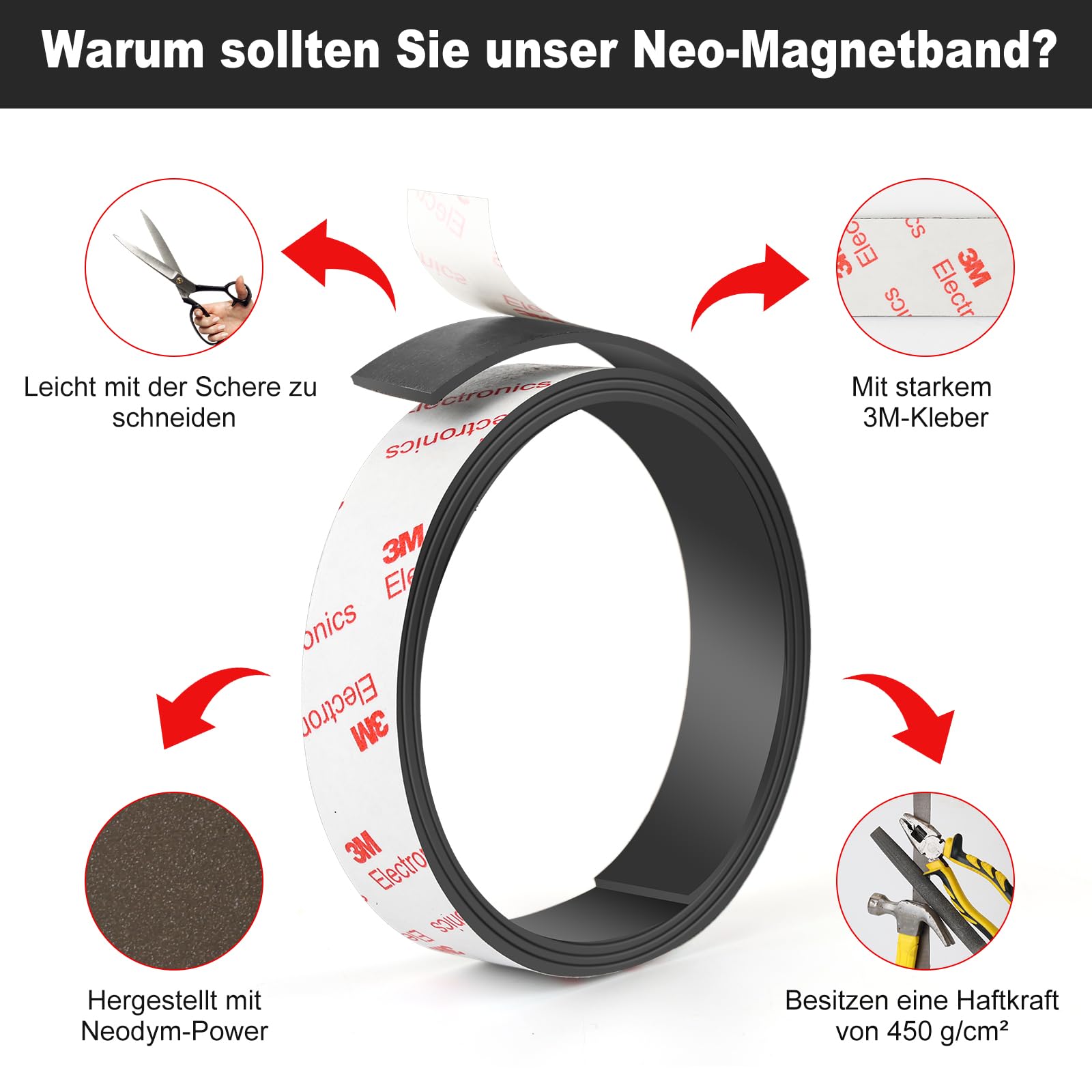 Neodym Magnetband selbstklebend stark, Extra Stark Magnetklebeband mit starkem 3M-Kleber (30 mm x 1 m lang)- magnetstreifen selbstklebend stark Perfekt für DIY, Kunstprojekte, Whiteboards