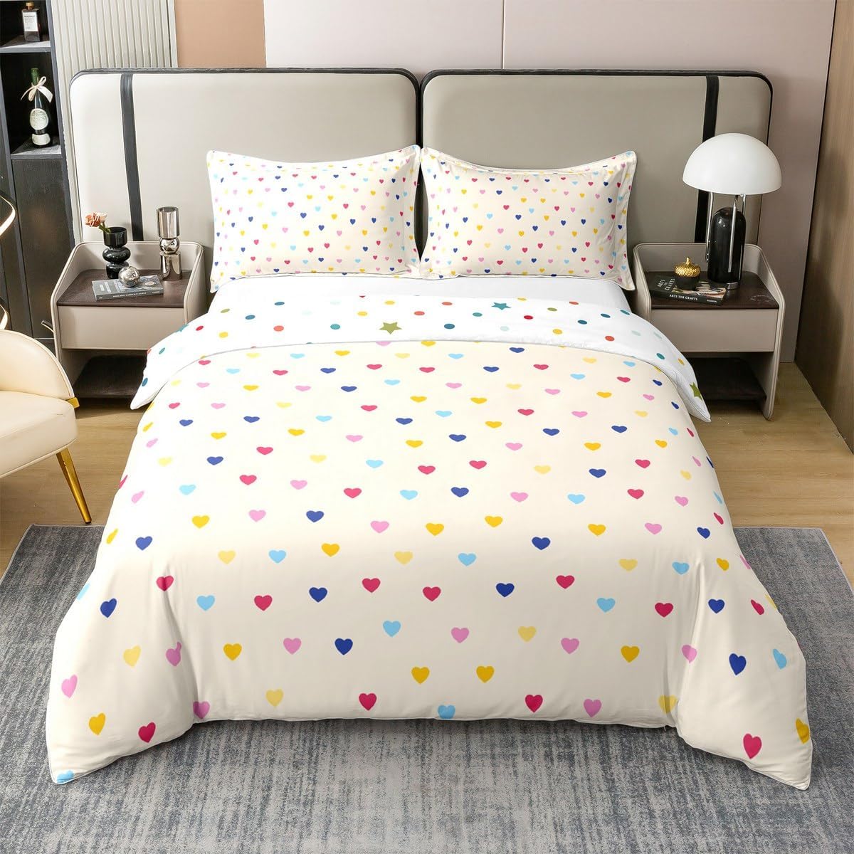 Homewish Heart Shaped 100% Nature Cotton Duvet Cover Twin Size,Colorful Love Geometric Print Comforter Cover with 1 Pillowcase,Beige Yellow Blue Pink Aesthetic Luxury Bedding Set