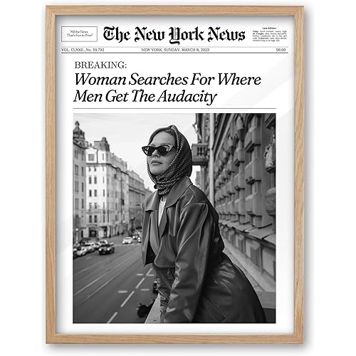 iHery Natural OAK Wood Newspaper Trendy Framed Wall Art, 12x16 in Vintage Headline Canvas Print, Woman Searches for Where Men Get The Audacity Poster, New York News Beige Frame Logs Retro Set of 1