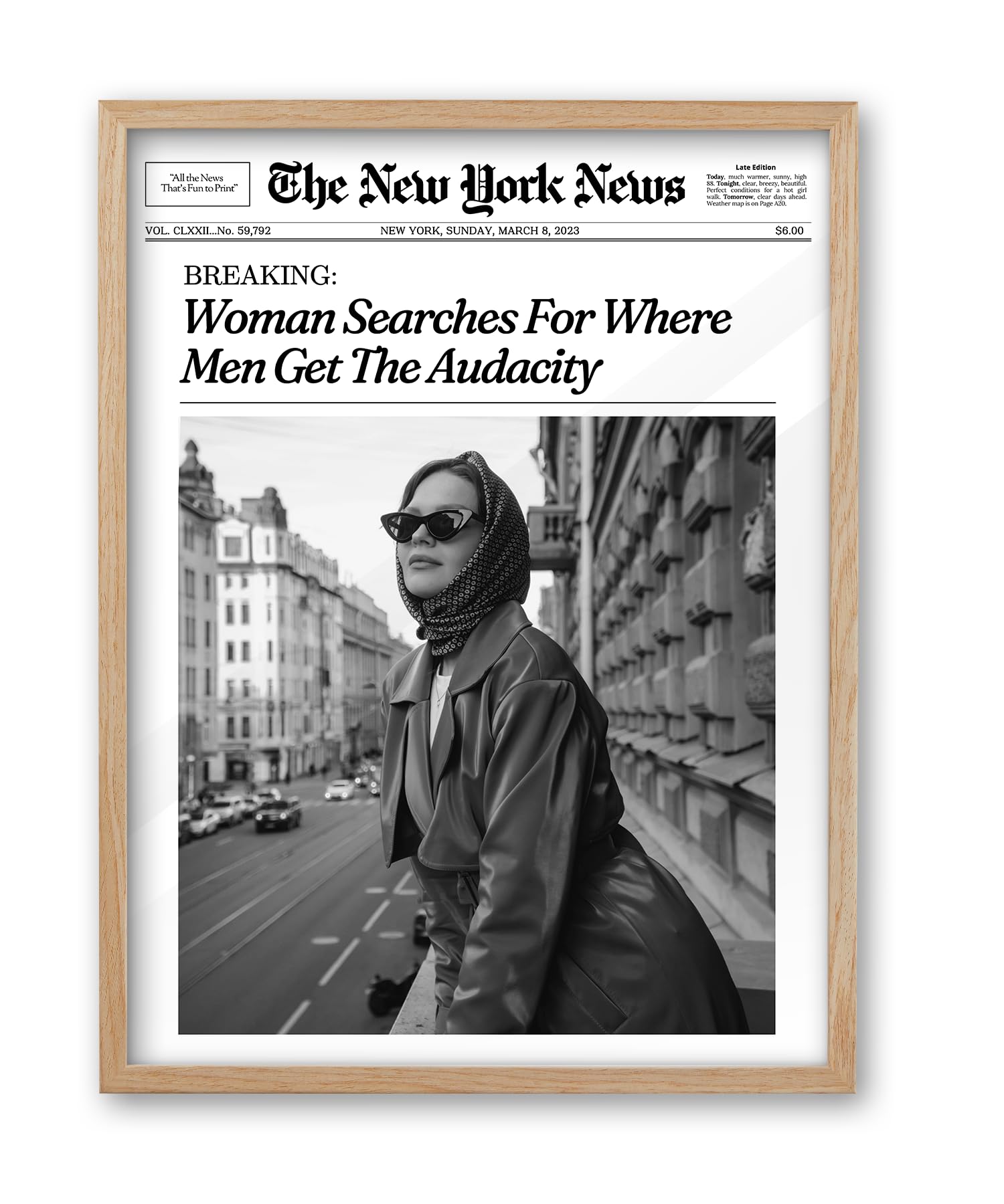 iHery Natural OAK Wood Newspaper Trendy Framed Wall Art, 12x16 in Vintage Headline Canvas Print, Woman Searches for Where Men Get The Audacity Poster,