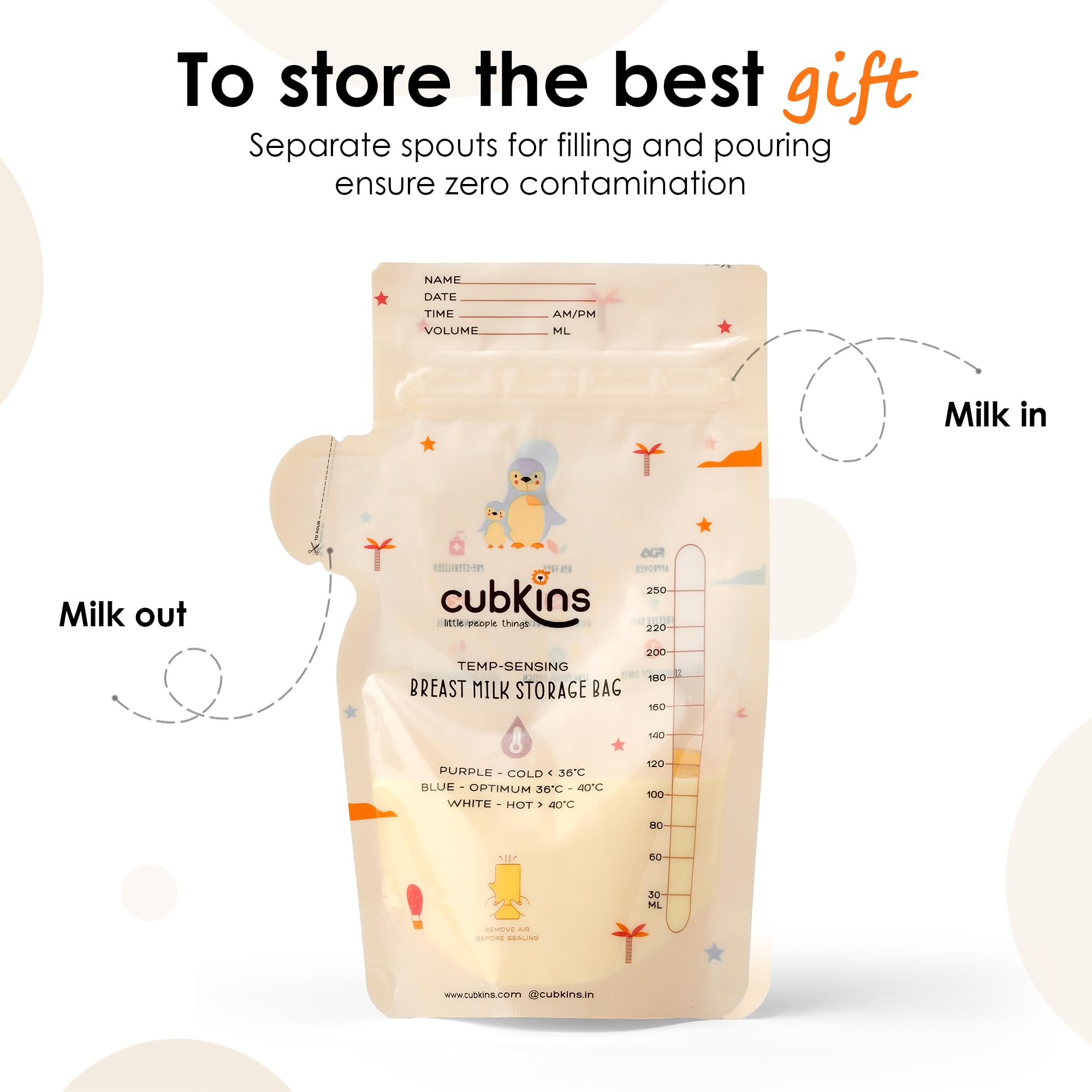 CUBKINS Breast Milk Storage Bags (Pack of 25), Pre-Sterilized, Smart Temp Sensor, BPA Free, Single Use, Leak Proof Double Zip, Separate Fill & Pour Spouts, 250 ml Capacity, Marker Included,Beige - Image 4 thumbnail