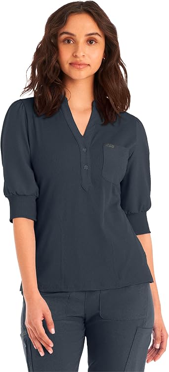 Landau Forward Womens Slim Fit Tuckable Y-Neck Rib-Knit Scrub Top with Puff Sleeve and Hidden Pockets LT114