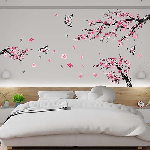Miniatura 3 de PinkEleph Calcomanías de pared de flores de cerezo en acuarela rosa, ramas de árbol, pájaros, flores de cerezo, calcomanías de pared, sala de estar,