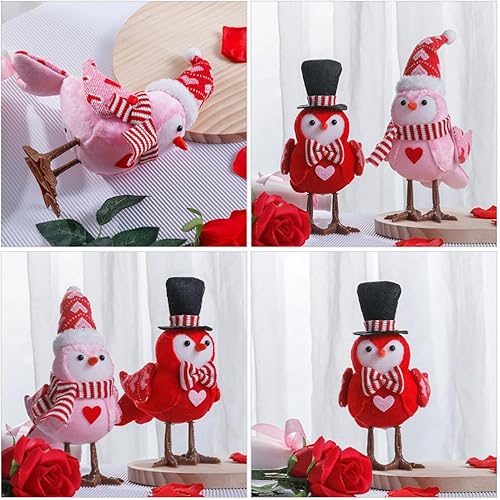 Miniatura 5 de Alipis Decoraciones de pájaros para el día de San Valentín, 2 figuras de pájaros de tela de San Valentín, pájaros brillantes rojos y rosados,