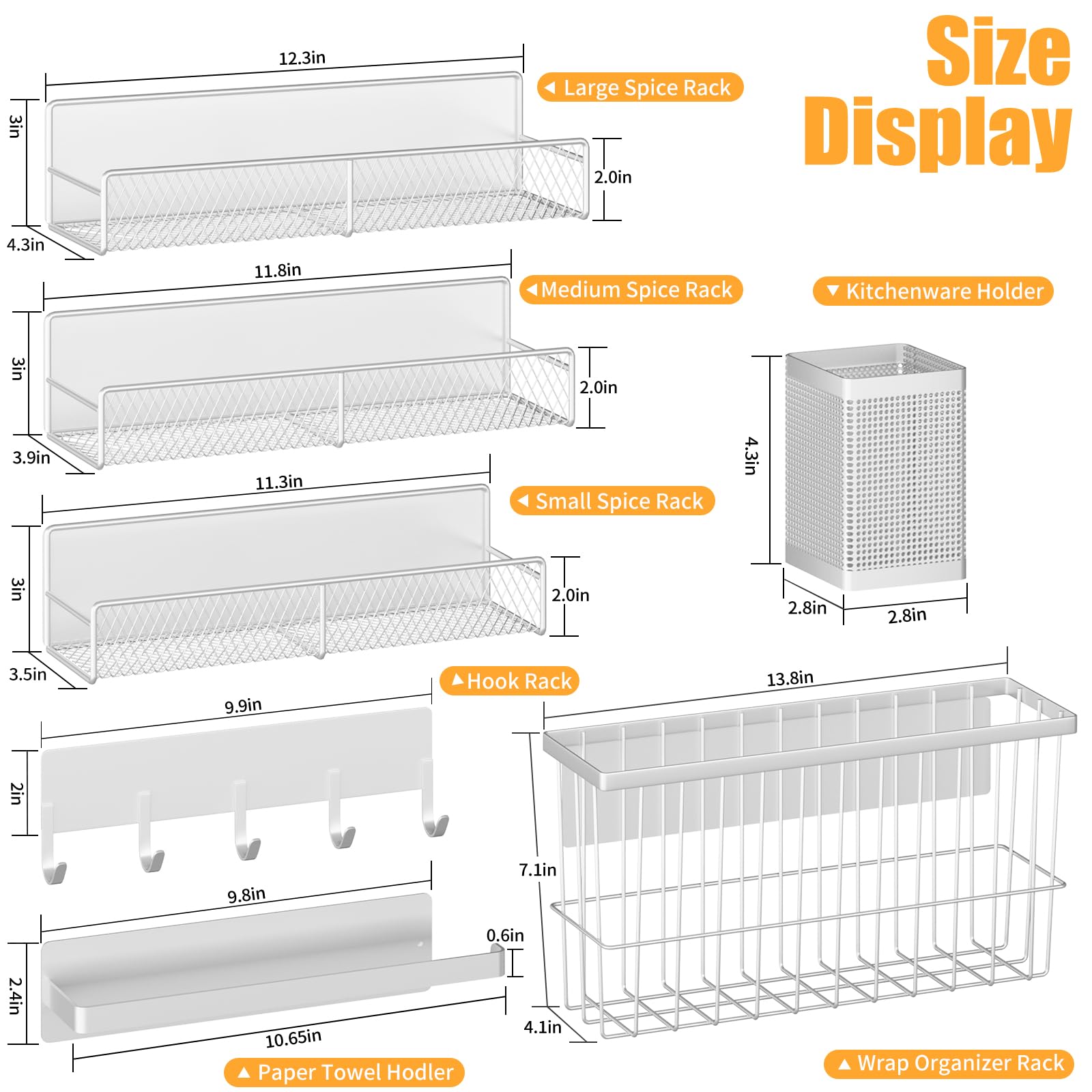 DTUQYX Magnetablage für Gewürz Kühlschrank, 7 Metall-Fach, Tragbarer Organizer, Hakenablage, Halter für Papierhandtücher, Küchenutensilien und Schneidebrett, weiß