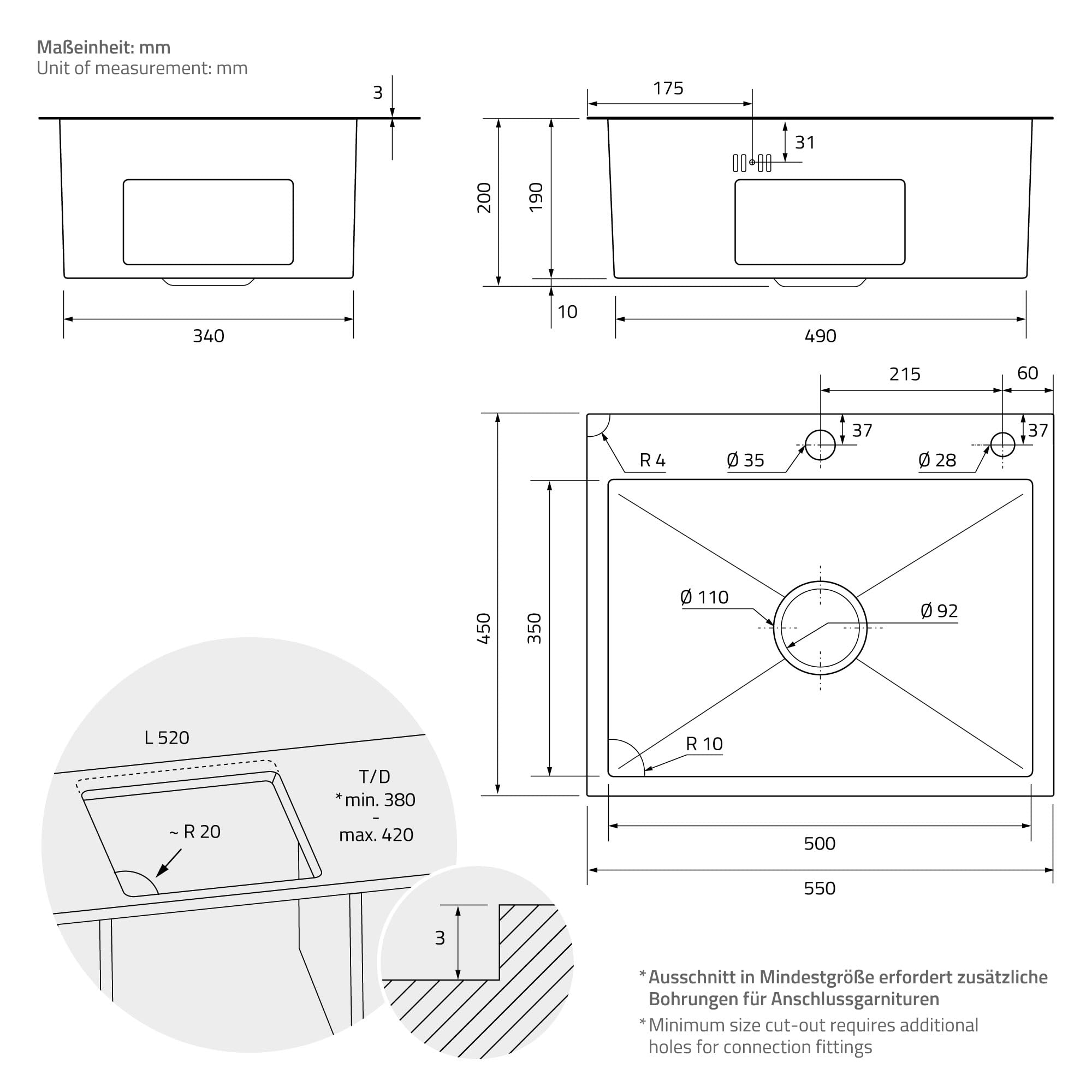 ML-Design Spülbecken Edelstahl 55x45 cm, Küchenspüle Rechteckig, Einbauspüle mit Ab- und Überlaufgarnitur