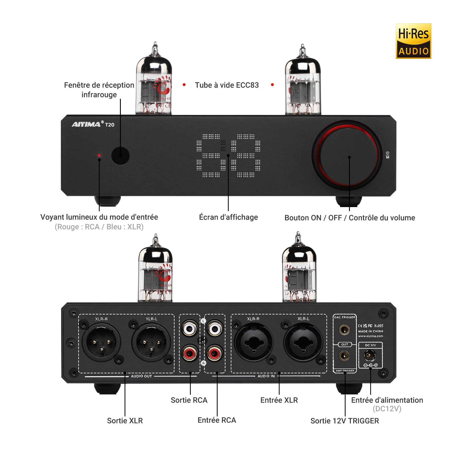 Préamplificateur à Tube entièrement équilibré AIYIMA T20 LME49720 pour HiFi Home Audio Mini préamplificateur à Tube à Vide avec entrées et Sorties RCA et XLR et Sortie de déclenchement 12 V