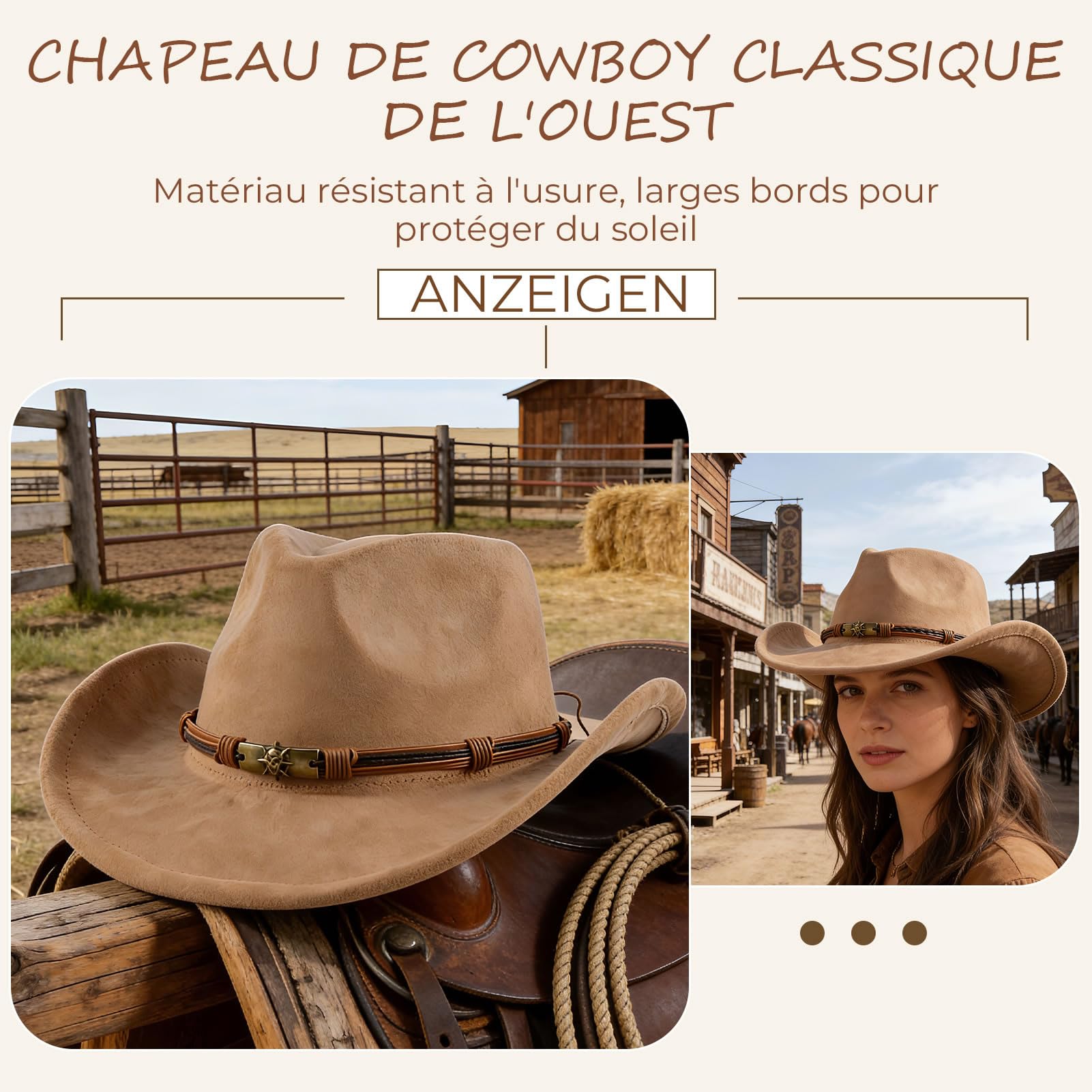 MYKAGS Chapeau de Cowboy Classique pour Les Hommes et Les Femmes, Chapeau en Daim extérieur Large Bordure, Chapeau de Cowboy Brun à la Mode avec Bande en métal crâne Parfait pour Les fêtes (Chameau)