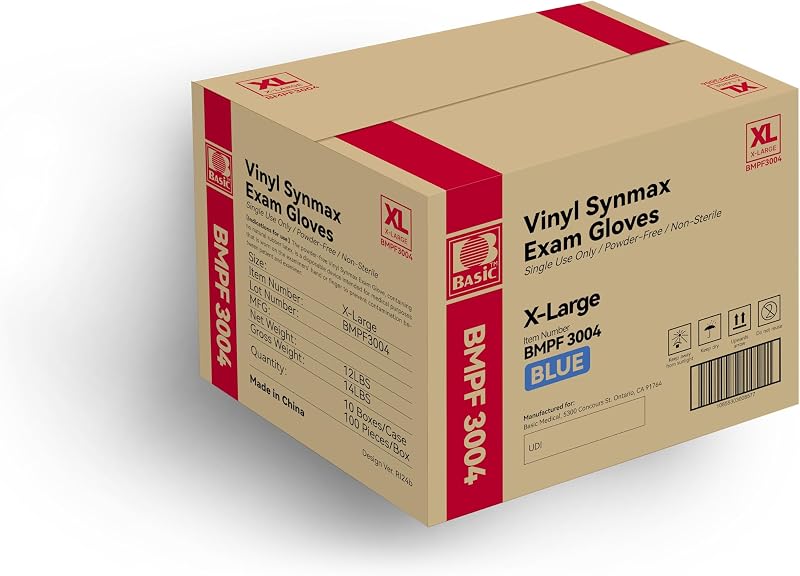 Basic Medical Synmax Vinyl Exam Gloves - Latex-Free & Powder-Free - X-Large, BMPF-3004(Case of 1,000)