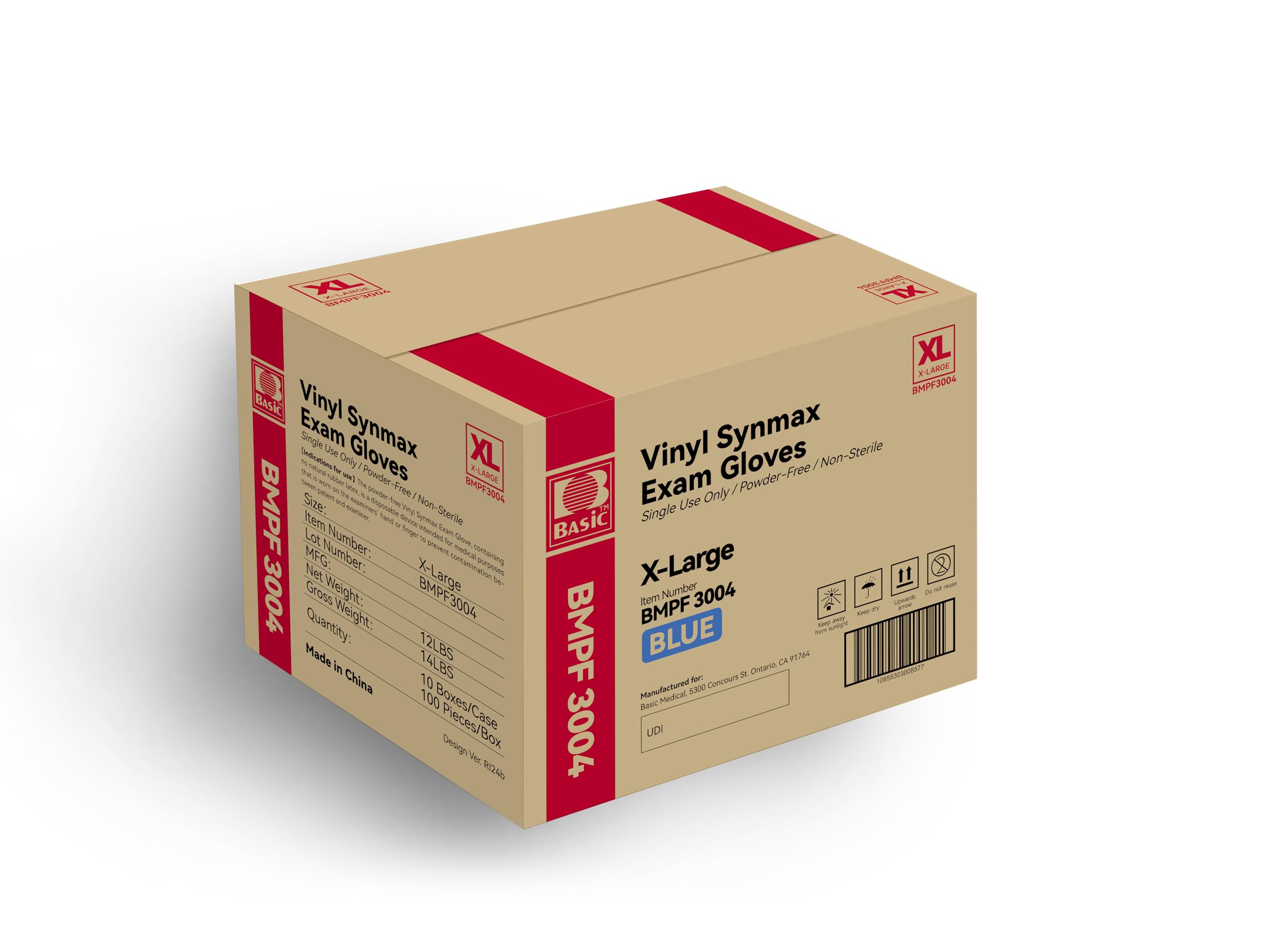 Basic Medical Synmax Vinyl Exam Gloves - Latex-Free & Powder-Free - X-Large, BMPF-3004(Case of 1,000),Blue