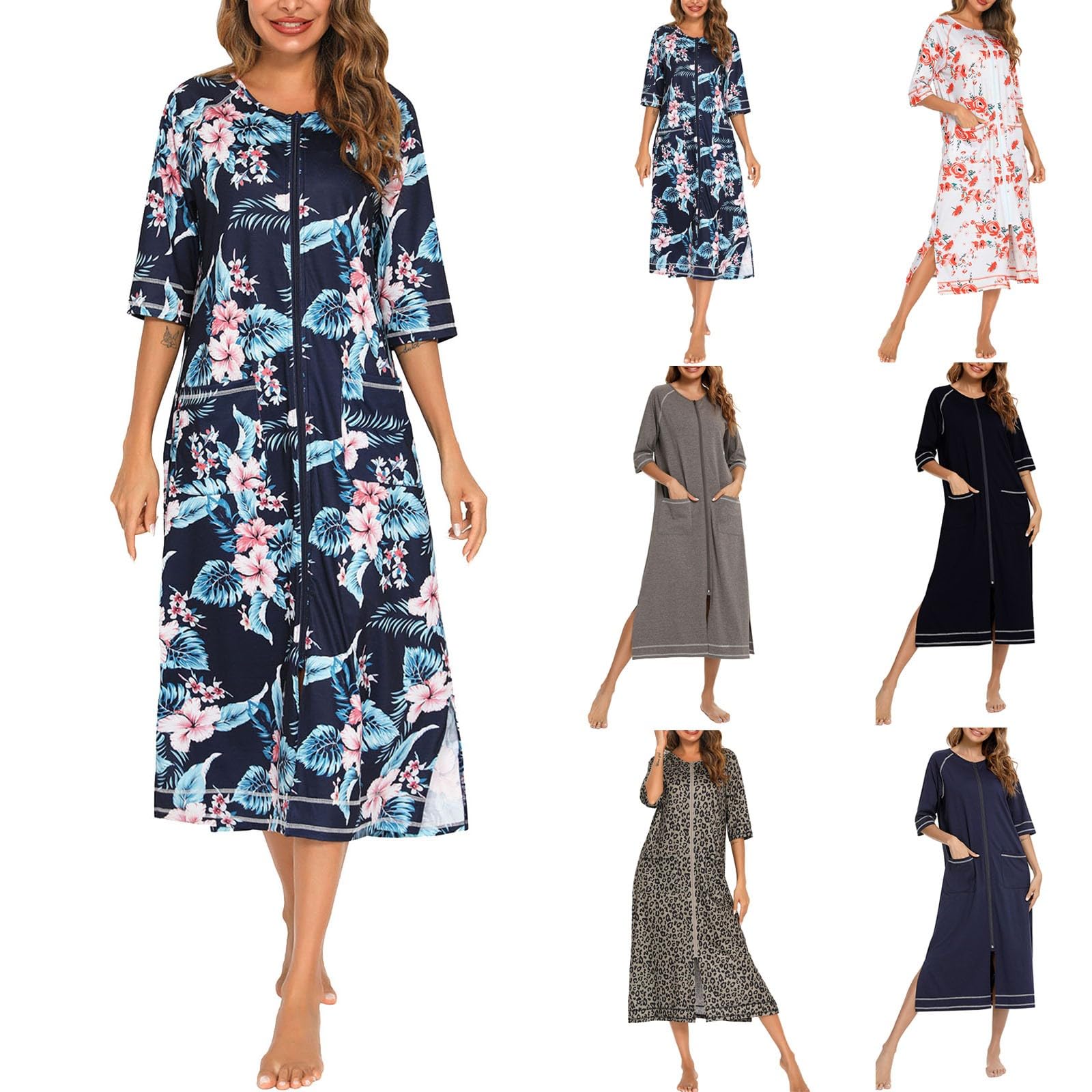 Bata de casa para mujer, batas con cremallera frontal, albornoz con medias mangas, abrigo de cuerpo completo de algodón suave con bolsillos, ropa de dormir cómoda, bata de baño larga