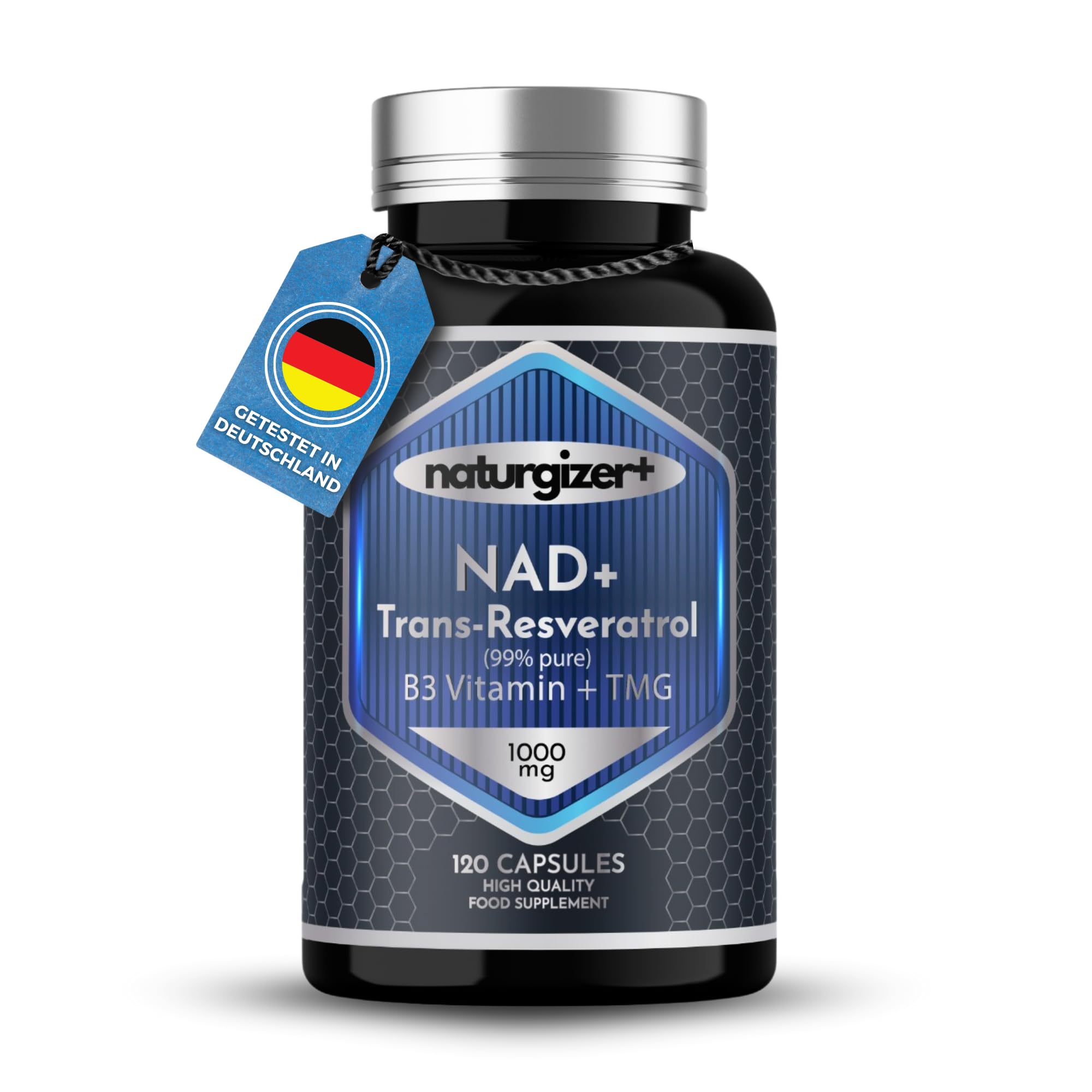 NAD Plus (echtes NAD+) mit hoher Reinheit | Trans-Resveratrol, Niacinamid & Betain (TMG) | fortschrittlicher Komplex 4+1 mit liposomaler Technologie | 120 Kapseln | Naturgizer+