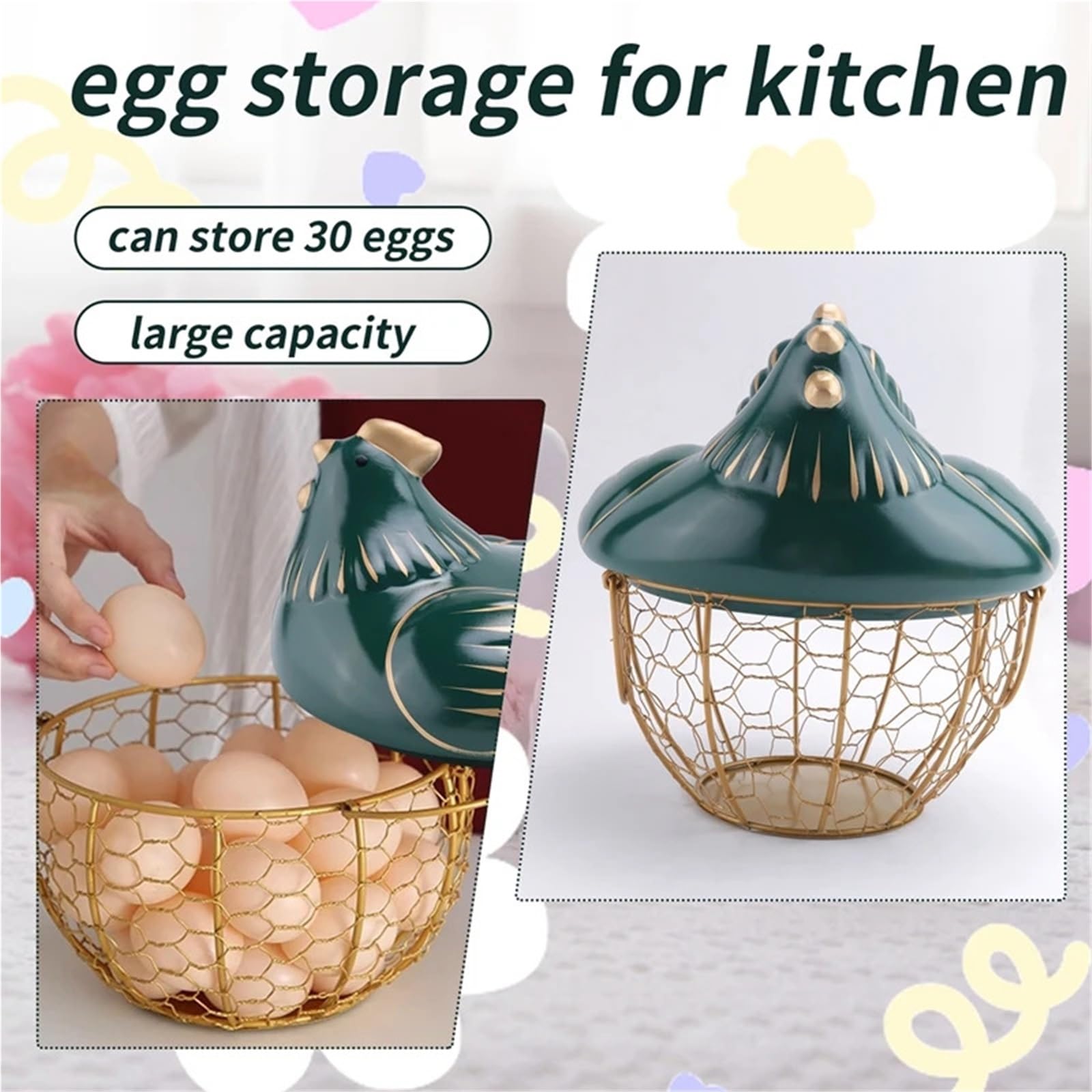 Cesta for guardar huevos, cesta de alambre de metal for frutas con tapa en forma de pollo, huevera con capacidad for 30 huevos.