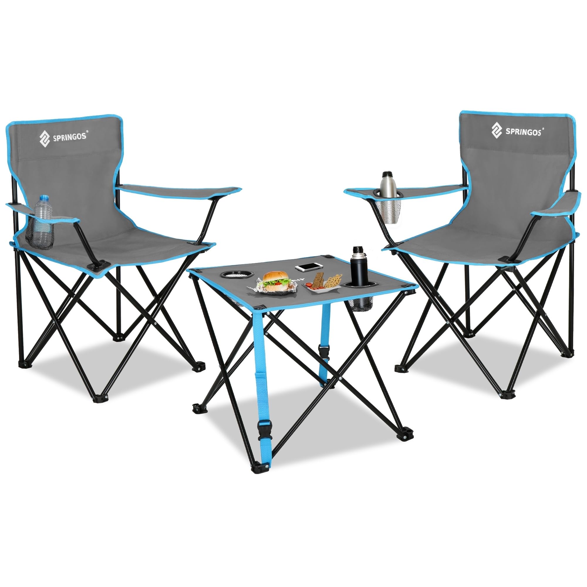 SPRINGOS Ensemble Camping Pliant 3 Pièces – Table + 2 Chaises avec Porte-Gobelet, Sac Transport, Réglage Hauteur – Pêche Festival Jardin Balcon Plage