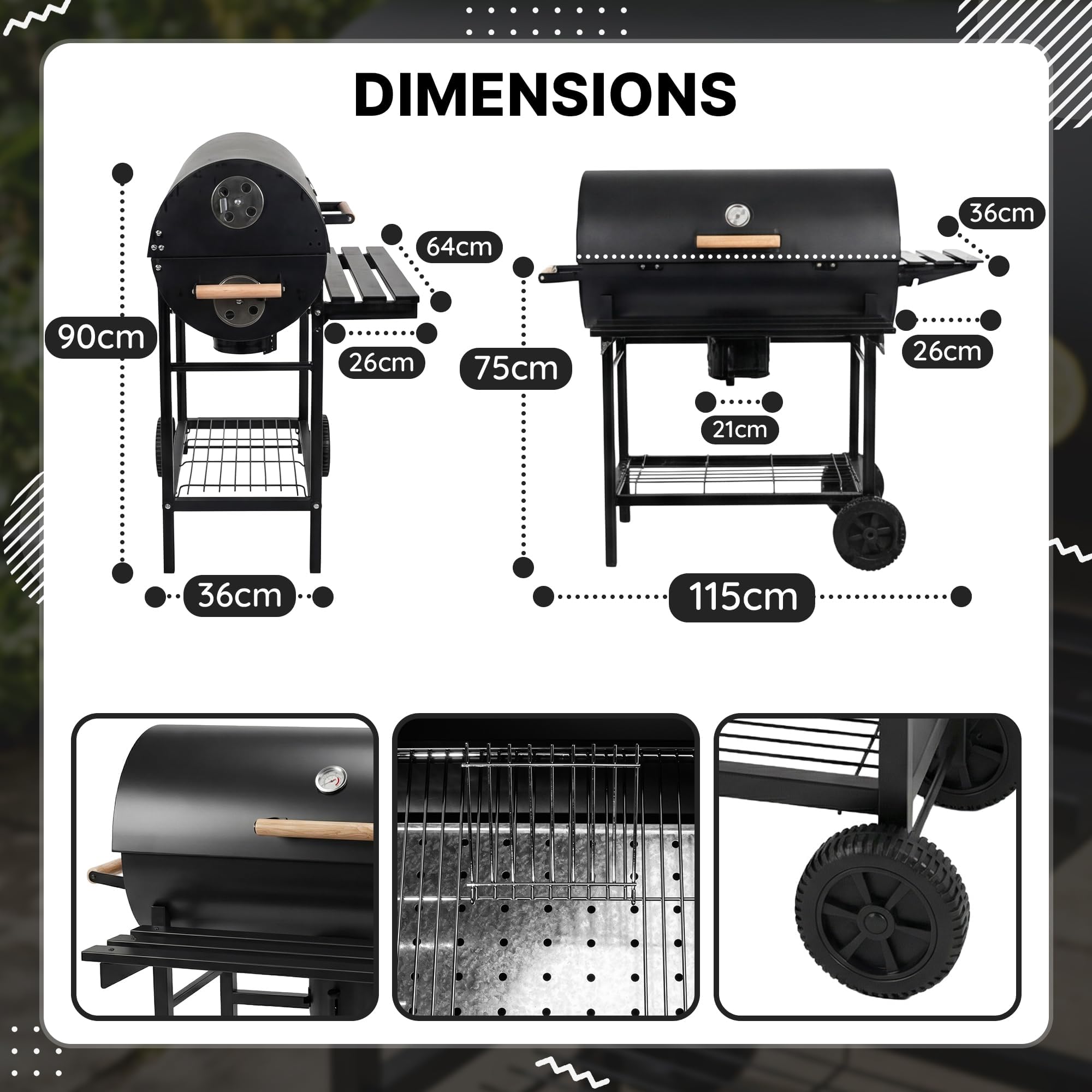 Five-Star Grill & Chill Barbecue charbon de bois - barbecue de jardin, barbecue charbon grande grille chromée 71×35 cm, couvercle, cendrier, thermomètre, deux roues de transport, BBQ, GC0002