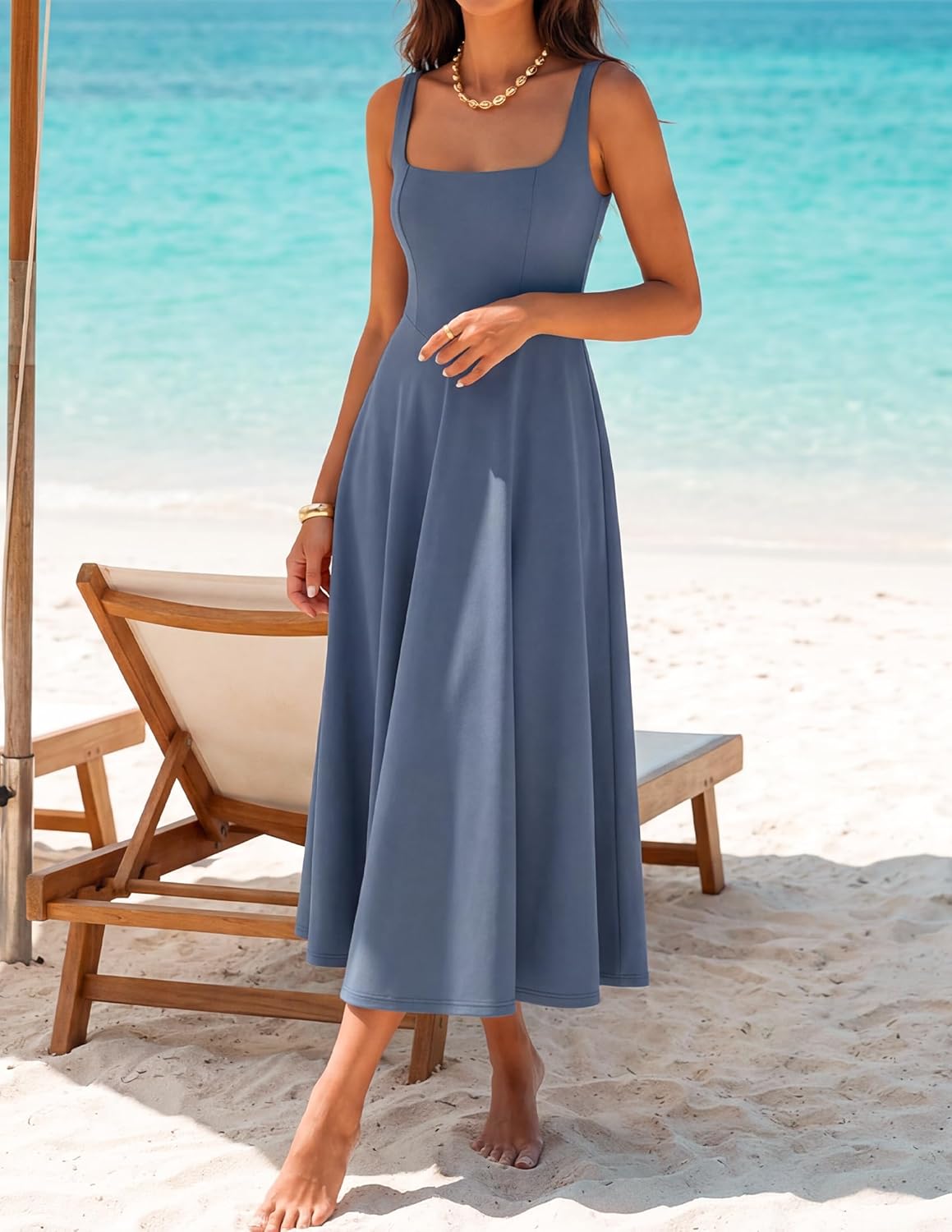 ZESICA Women's Summer Sleeveless Midi Dress 2026 Square Neck Wedding Guest Beach Casual Flowy Long Dresses with Pockets