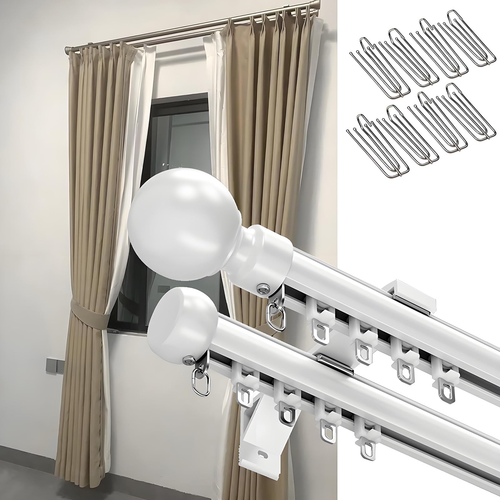 Riel de pared de aluminio de 450 cm para cortinas dobles en dormitorios blancos