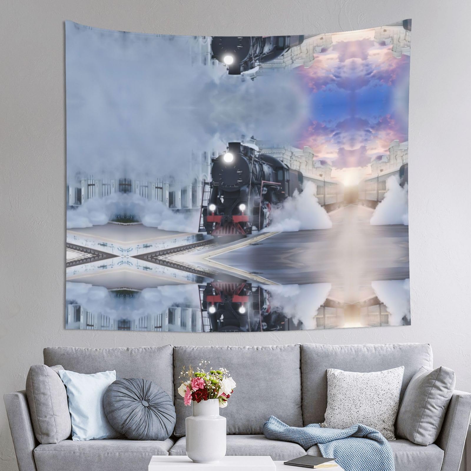 HLSBSSL 60x51in Steam Train Depart Sunset Printed Tapestry Tablecloth for Dormitory and Picnic Rooms - Multifunctional Fabric Hanging