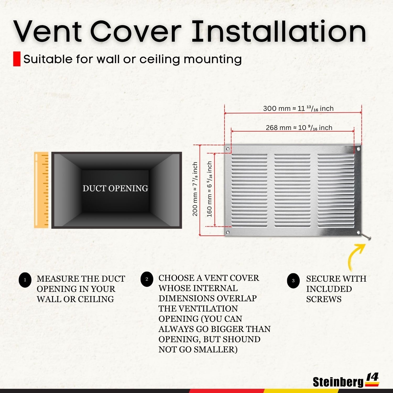 Steinberg14 Rejilla de Ventilación de Acero Inoxidable 300x200mm, con Protección Contra Insectos, ideal para ventilación, medidas 30x20 cm