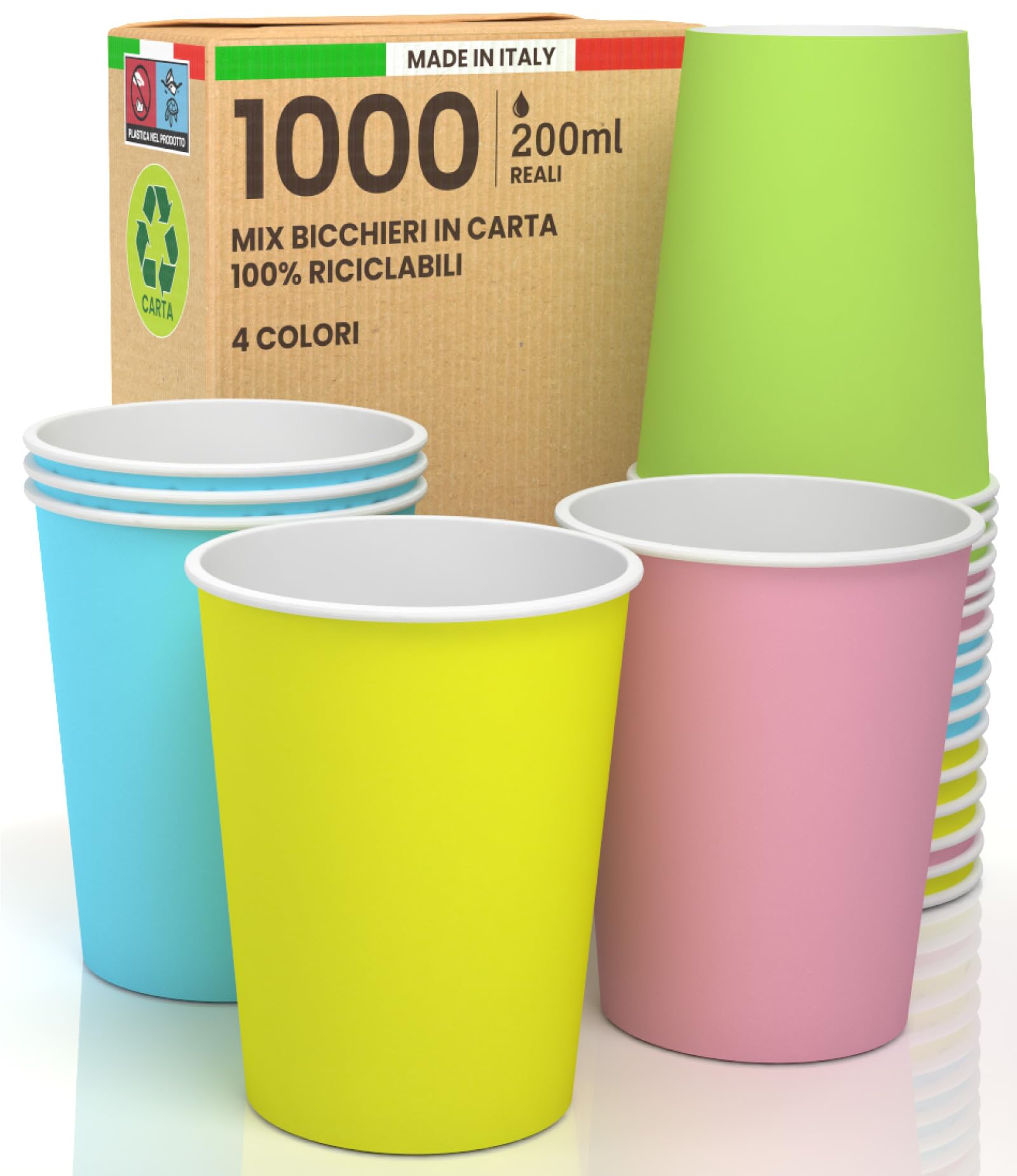 1000 vasos de papel de 200 ml ecológicos biodegradables desechables, fabricados en Italia, bebidas cálidas de agua, mezcla de colores verde, rosa y celeste, fabricado y confeccionado en Italia
