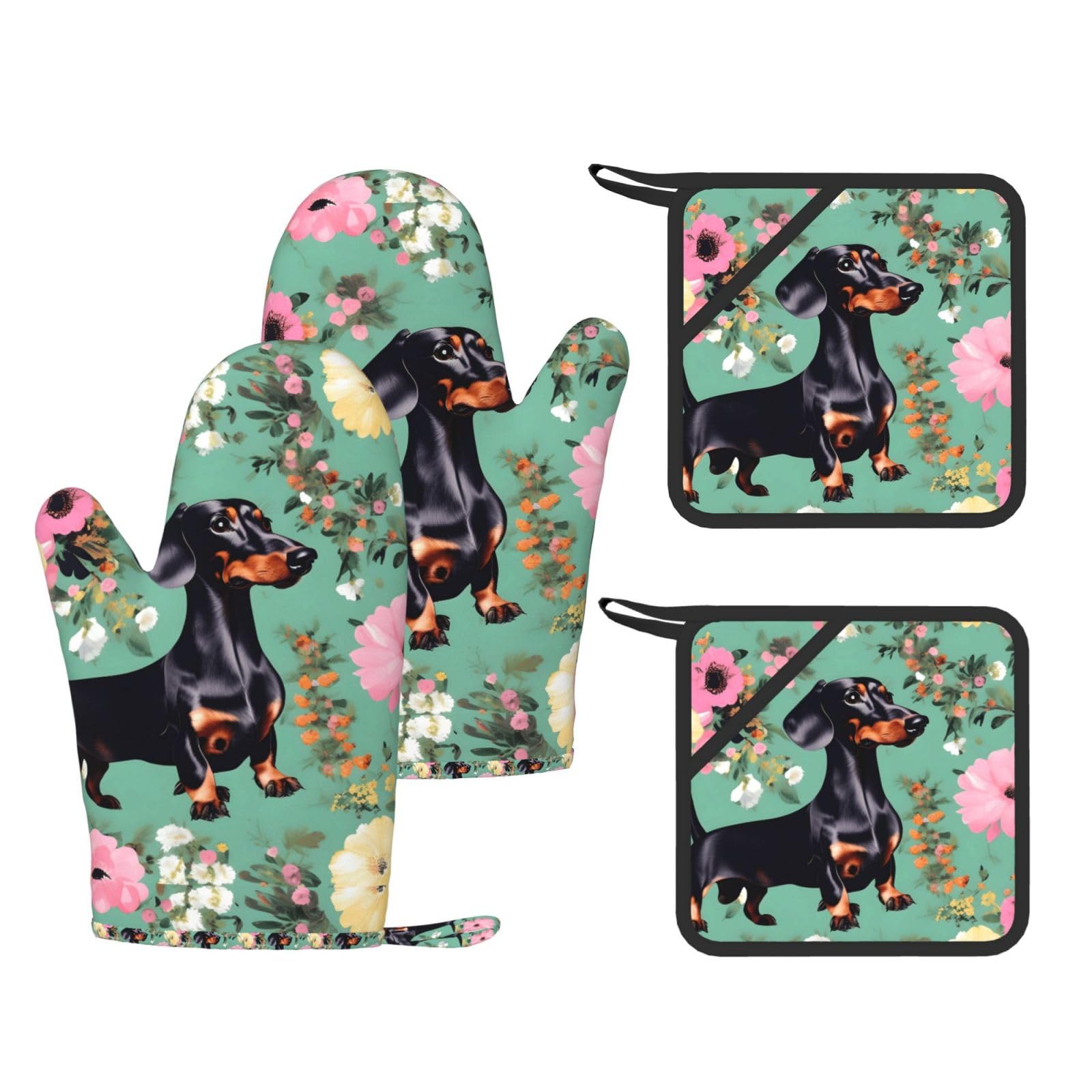 Dachshund Florals Print Kitchen Heat Resistant Set,Cooking Kit With Hanging Loop For Baking & Bbq