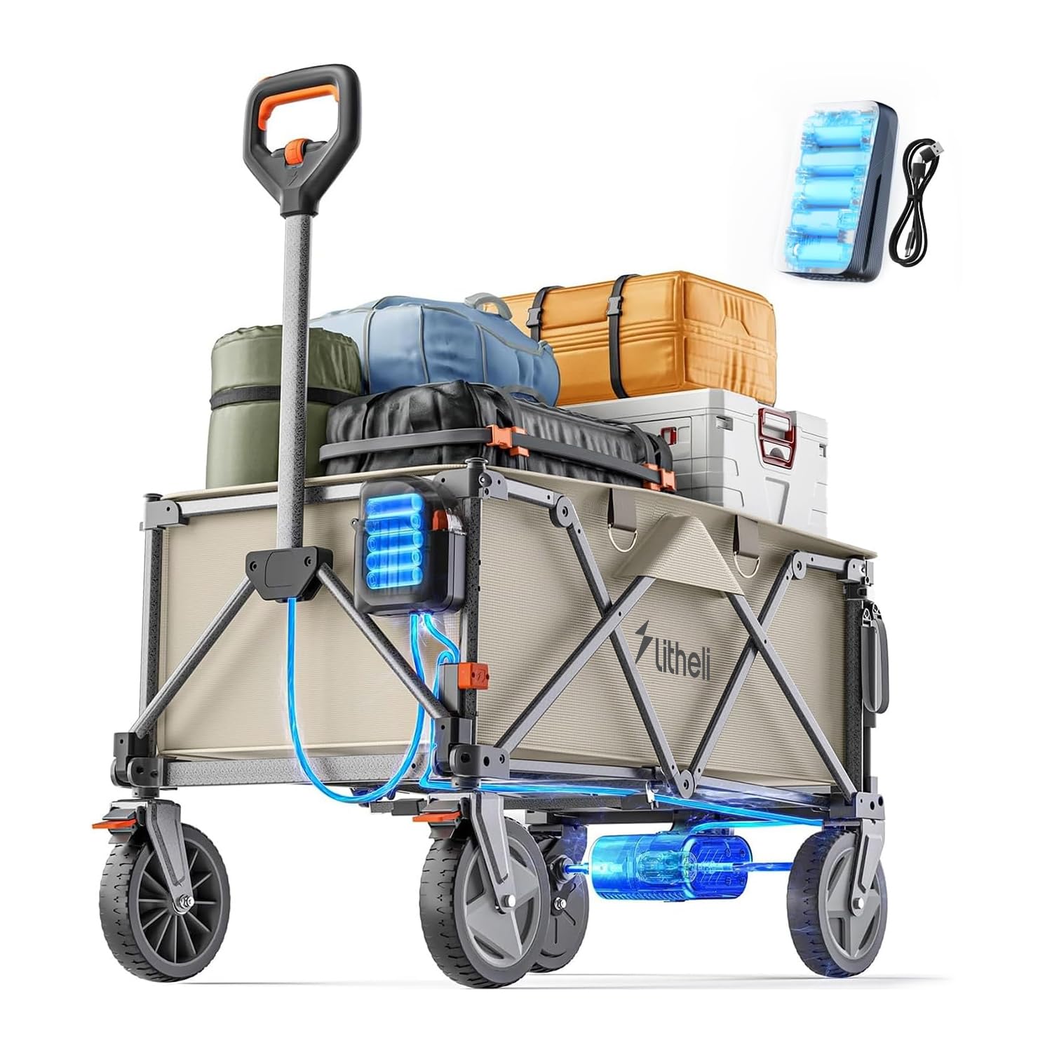 Litheli Electric Handcart Folding Handcart with 20 cm Off-Road Tyres, 200 L Capacity, 60 kg Load Capacity, 2 Brakes, Suitable for Camping, Garden, Beach, Shopping (Beige) — image 1