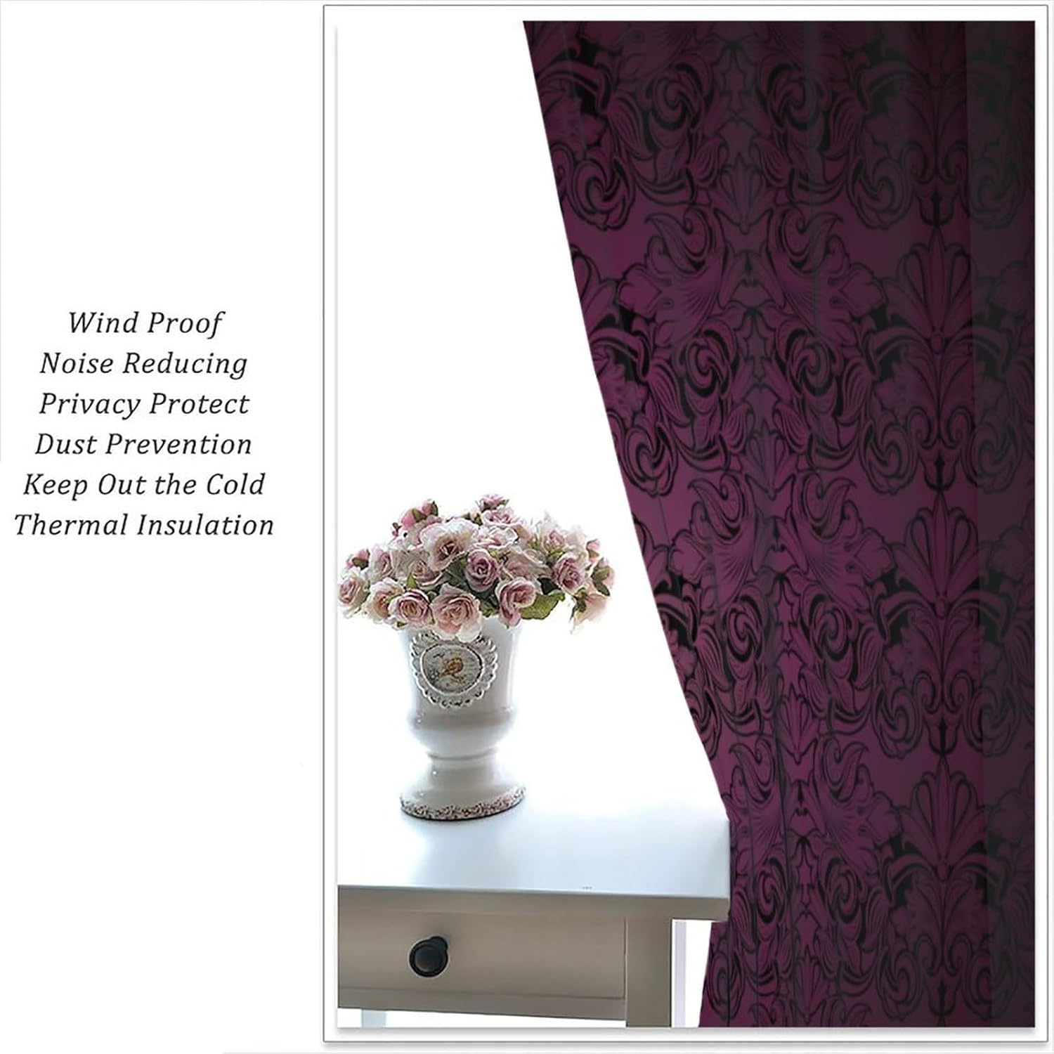 Damask Gothic Blackout Curtains for Kitchen,Set Antique Victorian Fabric Window Drapes,Vintage Purple Gothic Botanical Floral Print for Bedroom Living Room 84x84in