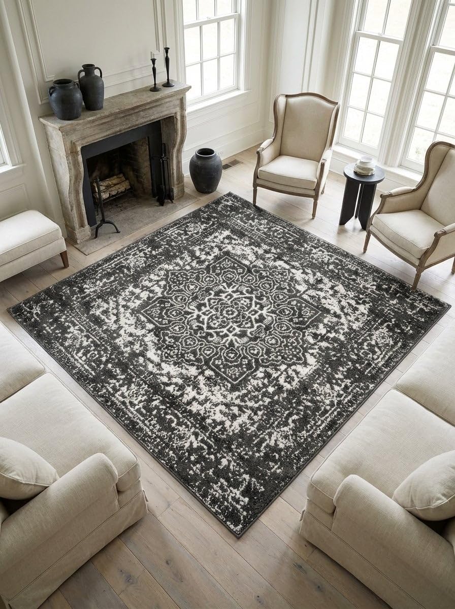 Rugs.com Arlington Collection Rug – 8 Ft Square Dark Grey Medium-Pile Rug Perfect for Living Rooms, Kitchens, Entryways