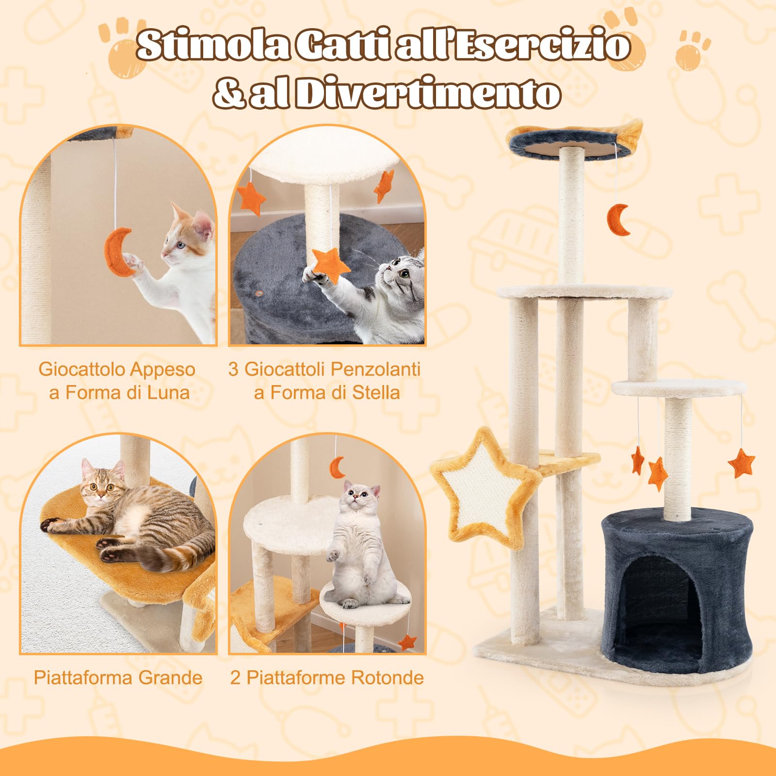 GYMAX Albero per Gatti, Torre Multilivello con Tiragraffi, Pannelli Tiragraffi a Forma di Stella e Luna, Torre per Arrampicata in Morbido Peluche con Piattaforma Superiore, Condominio per Gatti