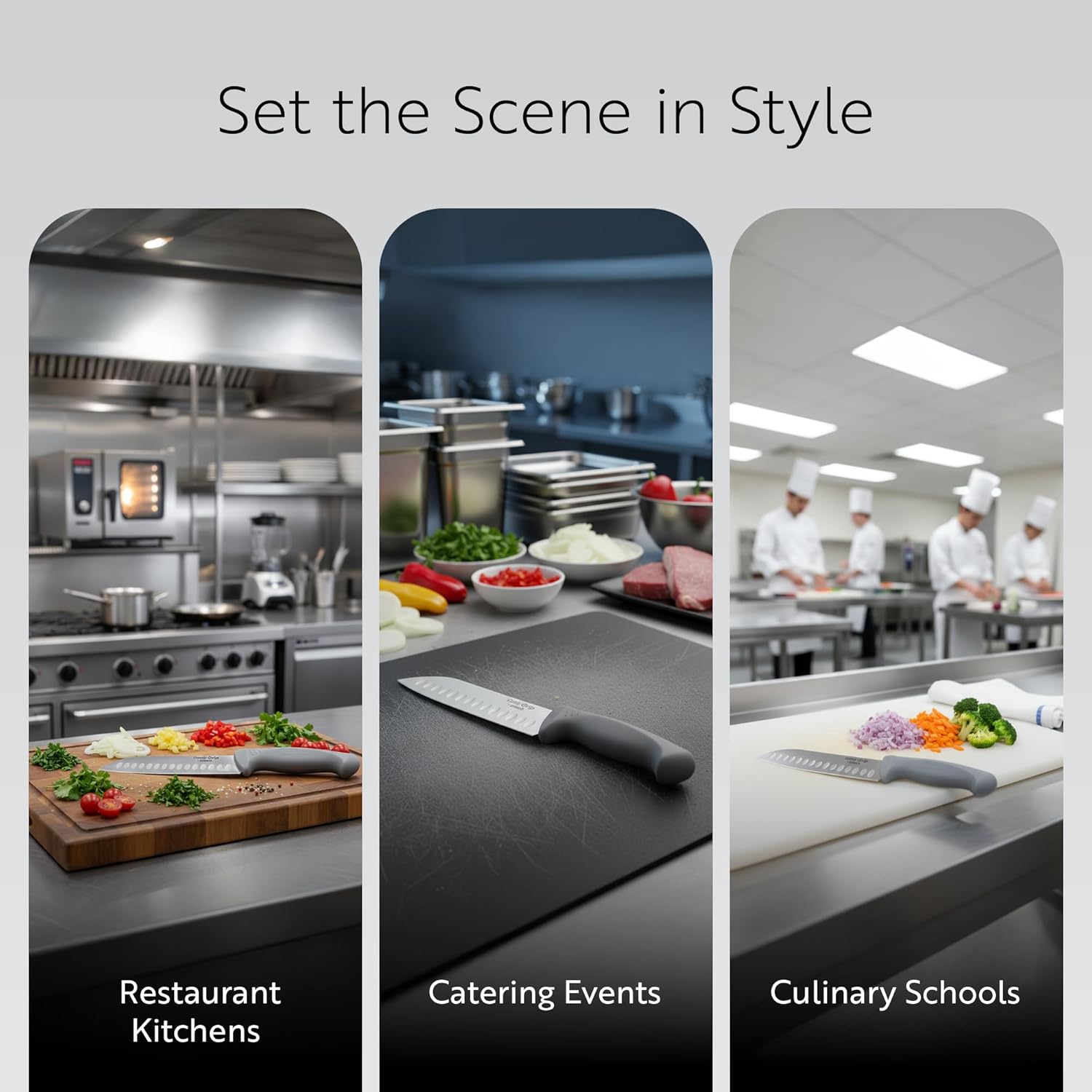 Restaurantware Comfy Grip 7 Inch Santoku Knife 1 Sharp Kitchen Knife - Ergonomic Handle Non-Slip Grip Gray Stainless Steel Japanese Chef Knife Dishwashable Granton Edge