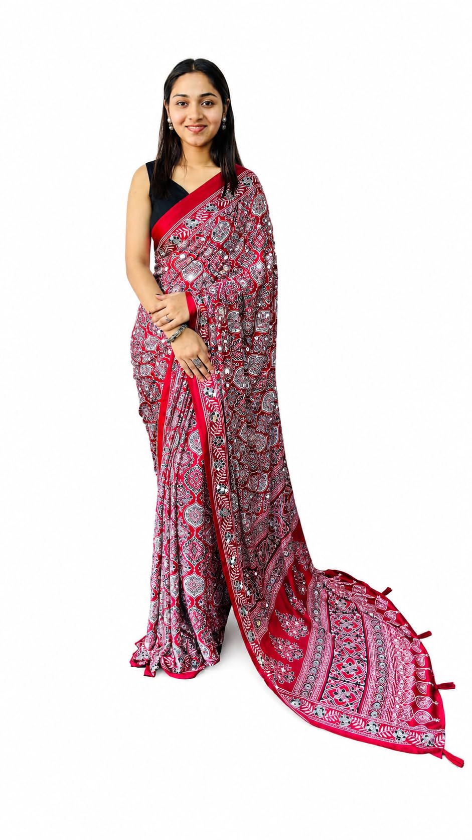 Women's Mashroo Mix Ajrakh Printed Real Mirror Work Modal Semi Gajji Silk Soft and Smooth Saree & Blouse(Unstitched)-image-47