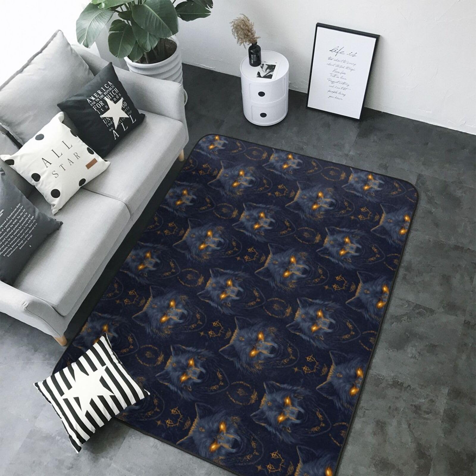 Grand tapis de salon œil doré et loup 147x203 cm lavable