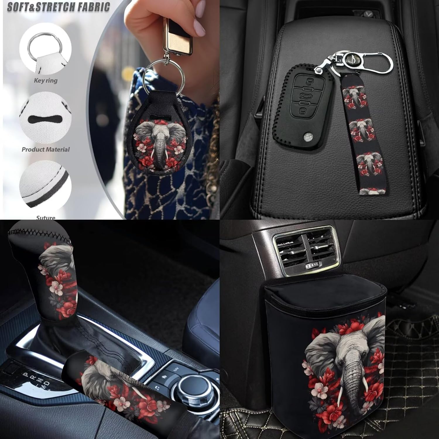 Elephant Flower Car Seat Covers Full Set 17 Pcs Hippie Elephant Auto Front Seats and Rear Bench Polyester Car Seat Protectors Set with Universal Headrest Covers,Keychains Armrest Pad,Coaster