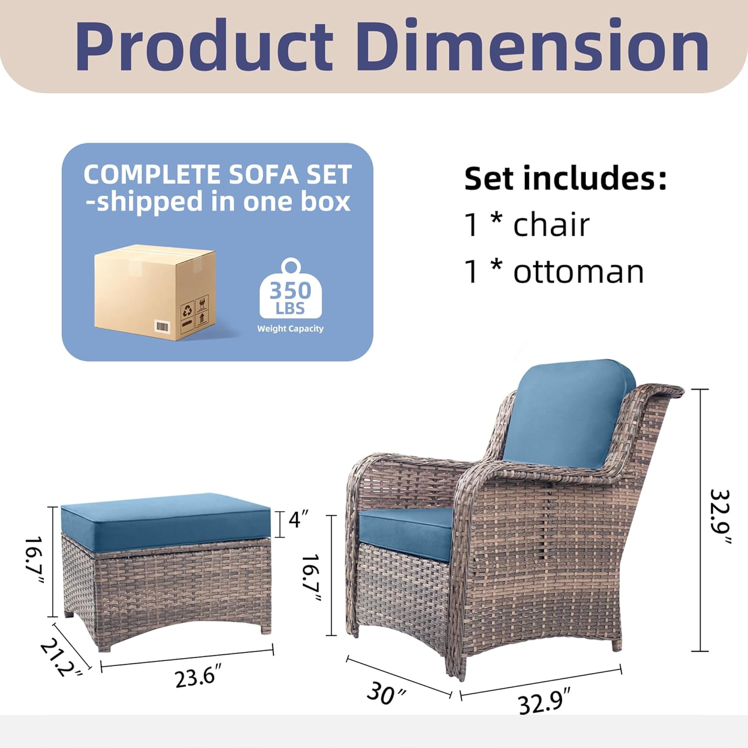 2 Pieces Patio Wicker Furniture Set, High Back Wicker Patio Chair Set with Ottoman, Outdoor Porch Chair with Thick Cushion for Balcony Deck Yard and Porch, Peacock Blue | For Balcony Deck