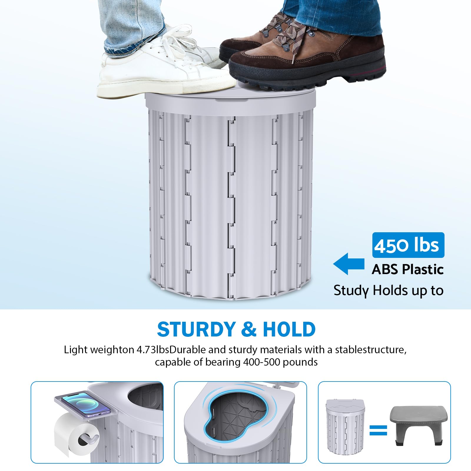 Toilette portatile, sedile WC da 30,5 cm, WC pieghevole con supporto rimovibile per carta igienica, WC da campeggio con una capacità di carico di 204 kg, vasino portatile per interni, esterni e uso di