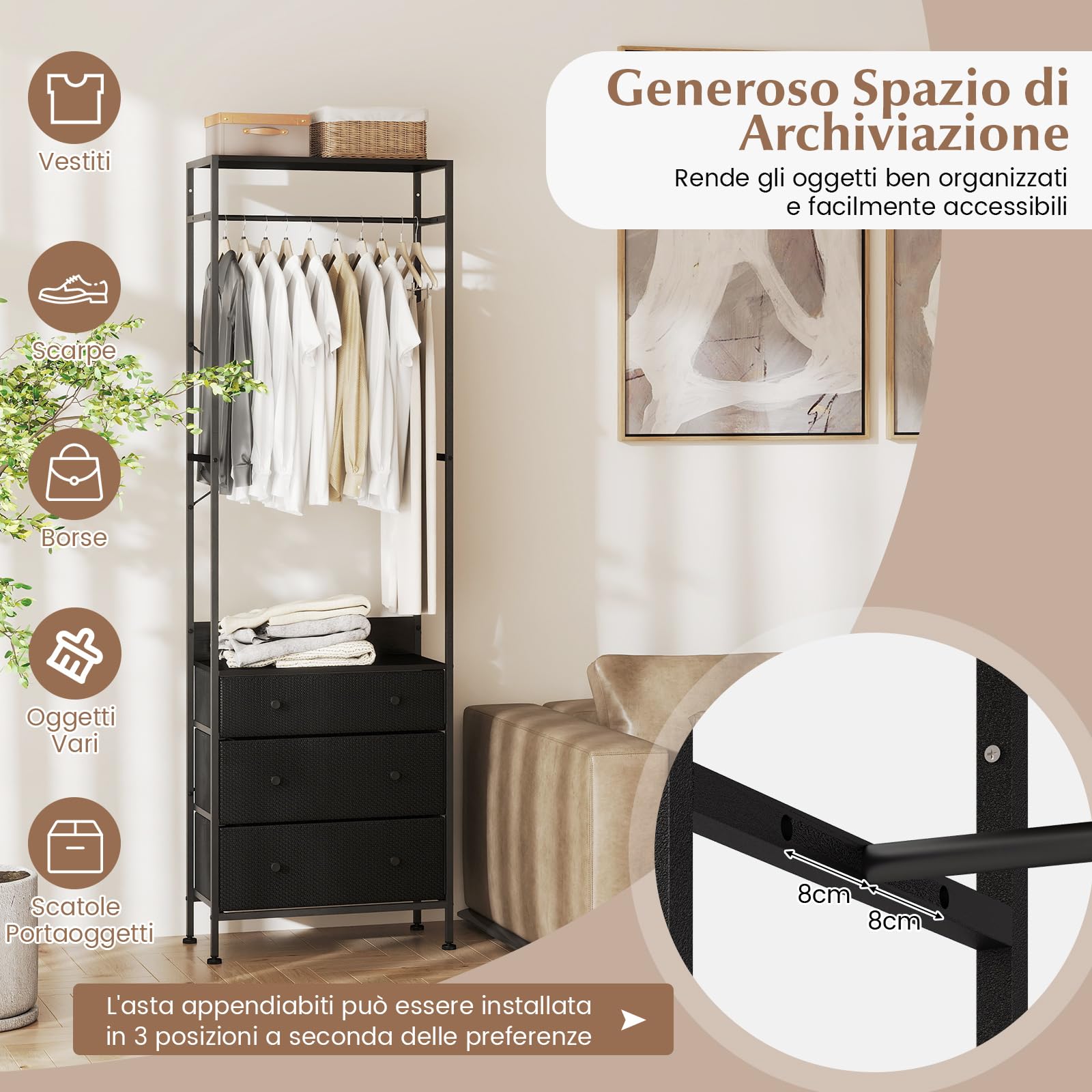 COSTWAY Appendiabiti con Cassetti in Tessuto, Armadio Autoportante con Asta Appendiabiti a 3 Posizioni e Ripiani di Stoccaggio, Ideale per Ingresso Camera da Letto, 55x28x176 cm (Nero)