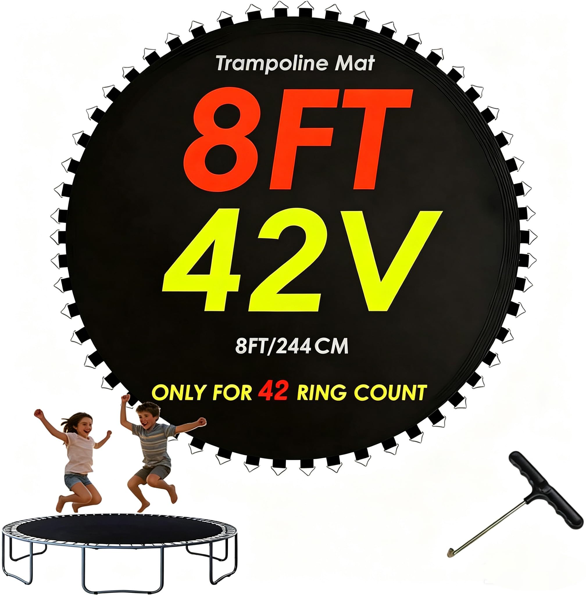 8ft Replacement Trampoline Accessories Mat High Elastic Round Jumping Mats 42 Buckles 2.44m Diameter Black PP Replacement Jumping Pad Bounce Mats Fits 5.5" Springs Includes Spring Puller Tool