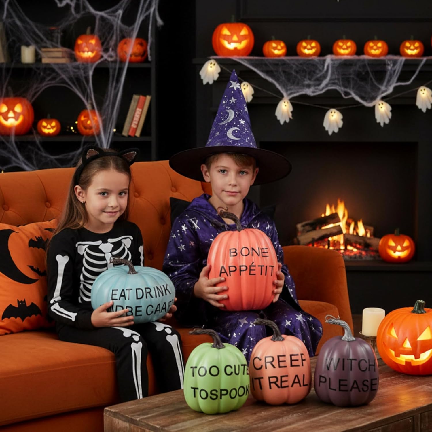 Weysat 5 Pcs Fall Decorations for Home, 4.7-7.5 Inch Large Pumpkin Centerpiece with Funny Phrases (eat Drink Be Scary!) for Halloween Thanksgiving Autumn Table Decor Indoor Outdoor Decorations