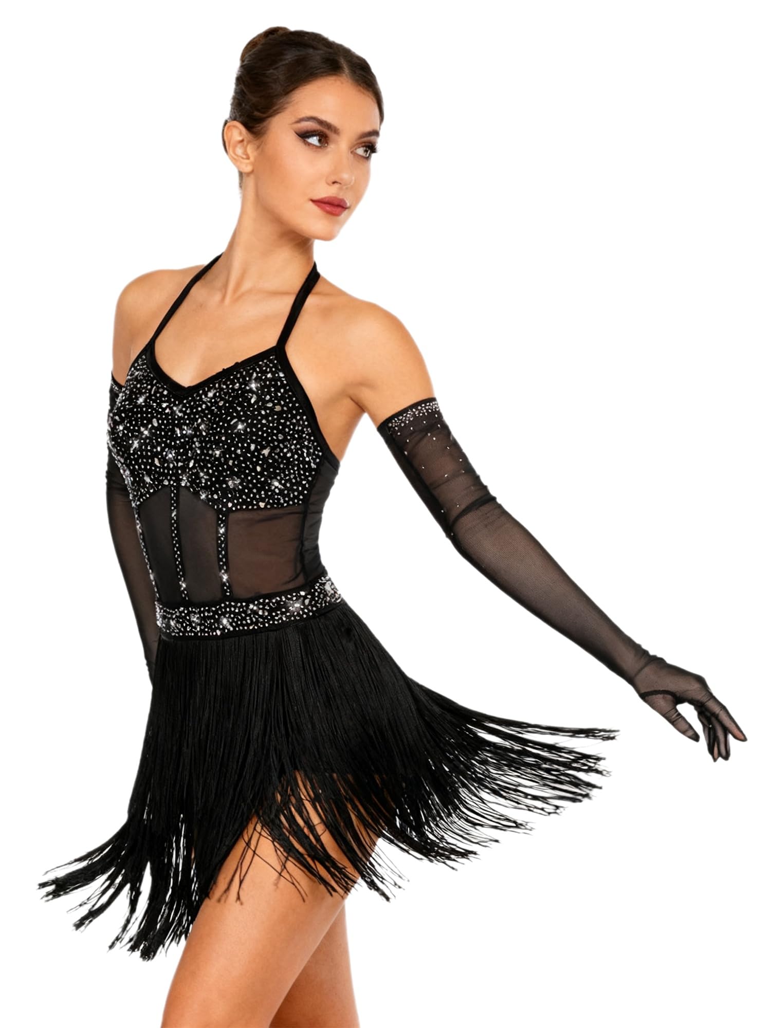 Traje de Danza Latina Salsa para Mujer con Flecos Maillot Patinaje Artístico con Guantes de Malla de Pedrerías Brillantes Traje Baile de Salón Tango Chachá S-XXL