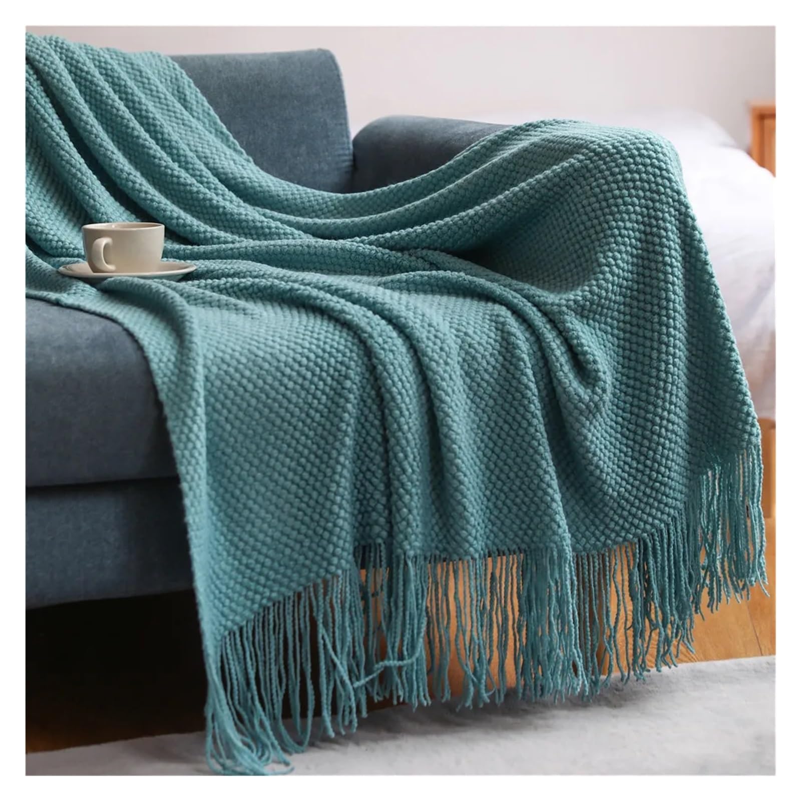 GCYEIDMA Throw Blanket Corn Grain Embossed Knitted Blanket Home Decorative Thickened Winter Warm Tassels Throw Bedspread 130x240cm(Color9)