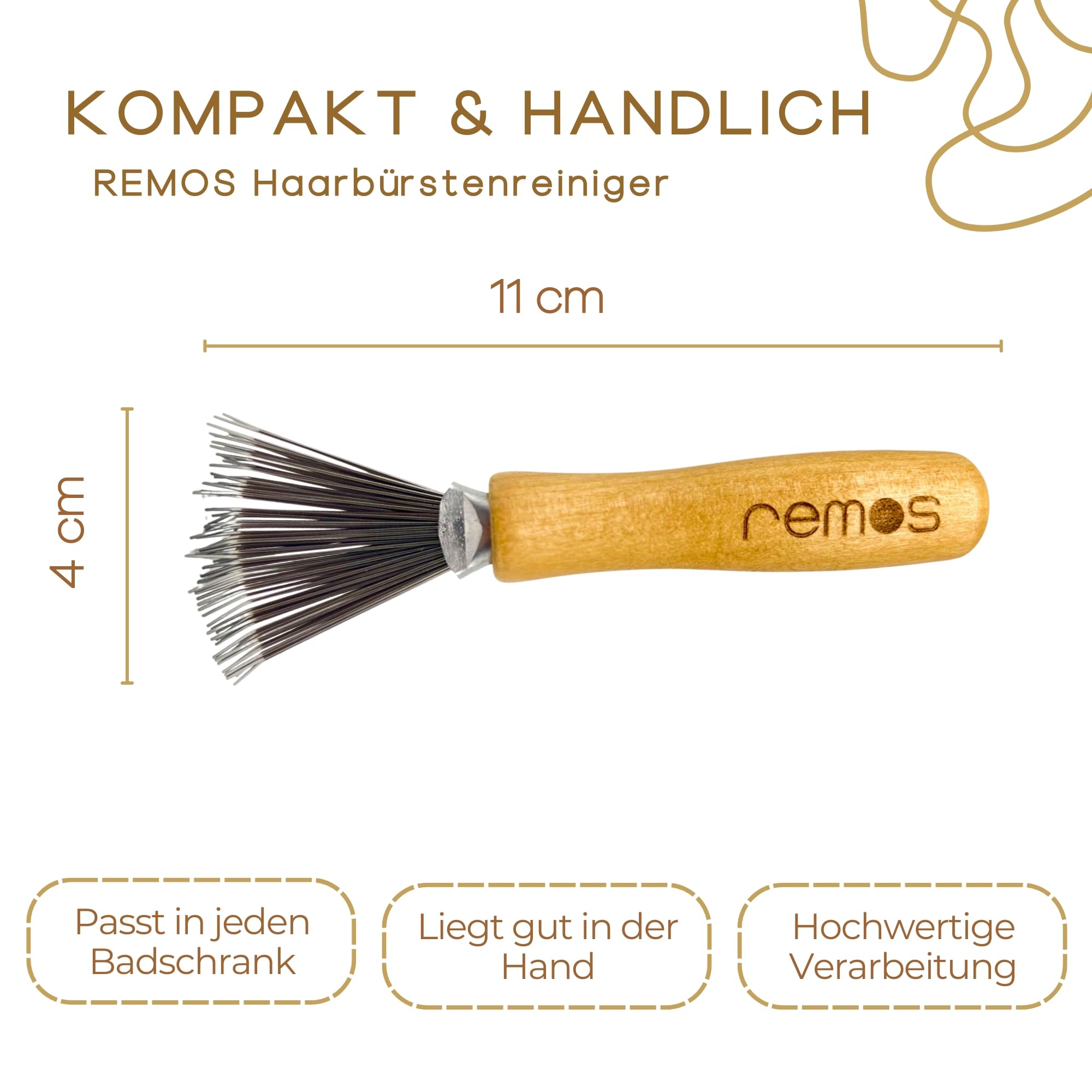 REMOS - Detergente per spazzole in legno, efficace strumento di pulizia per spazzole per capelli, zincatura in metallo durevole, manico ergonomico in legno, facile da pulire e da usare