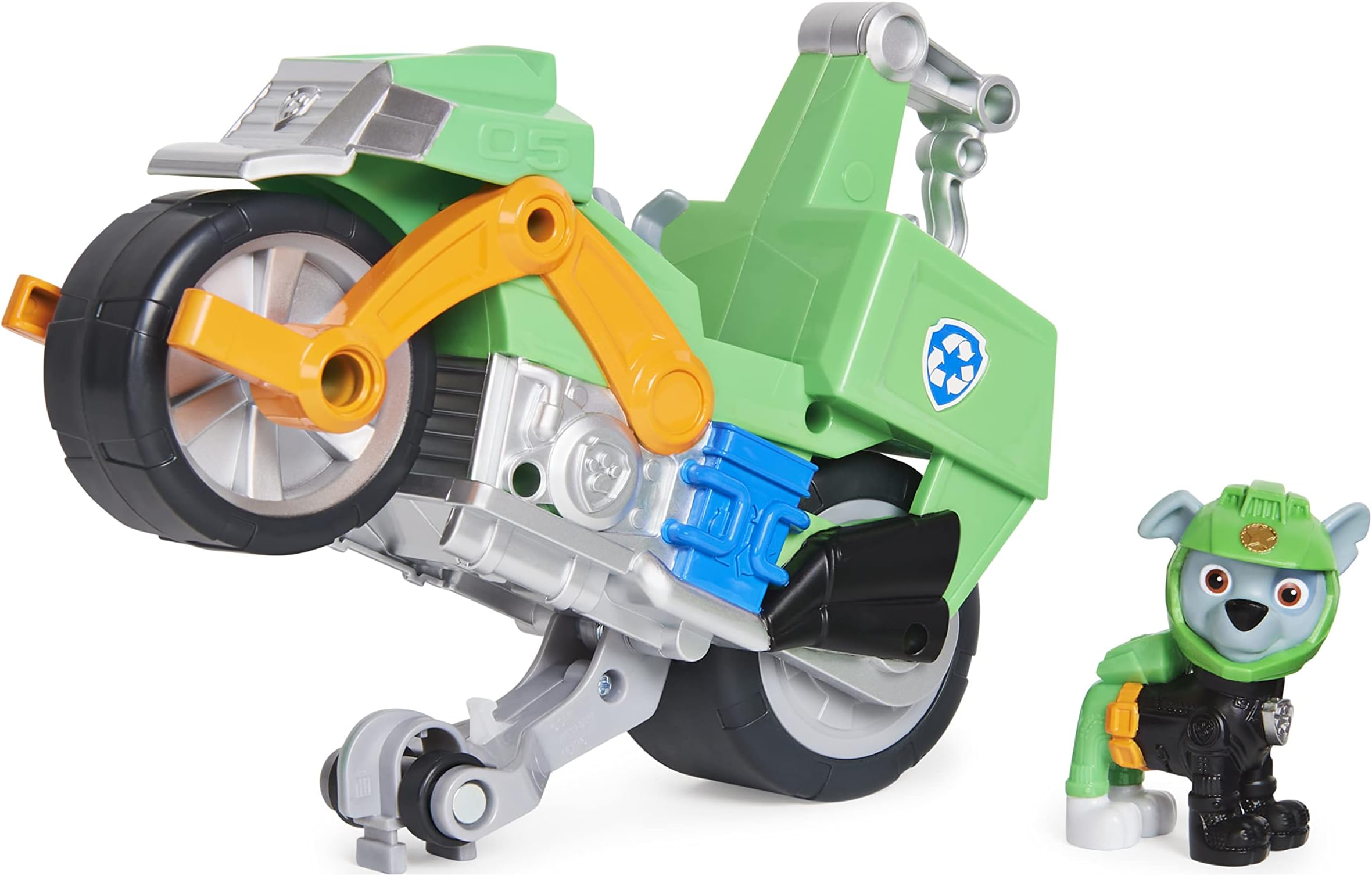 PAW PATROL Moto Pups Rocky’s Deluxe Pull Back Motorcycle Vehicle with Wheelie Feature and Figure Multicolor X-Large